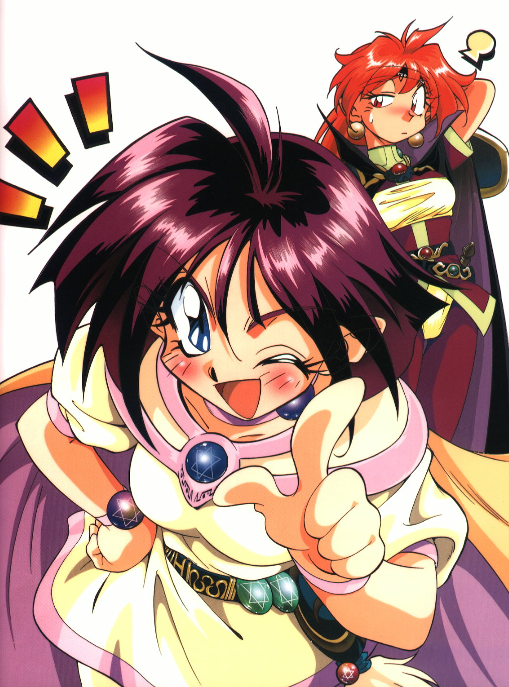 araizumi rui, amelia wil tesla seyruun, lina inverse, slayers, highres, 1990s (style), 2girls, hand on own hip, multiple girls, pentacle, retro artstyle