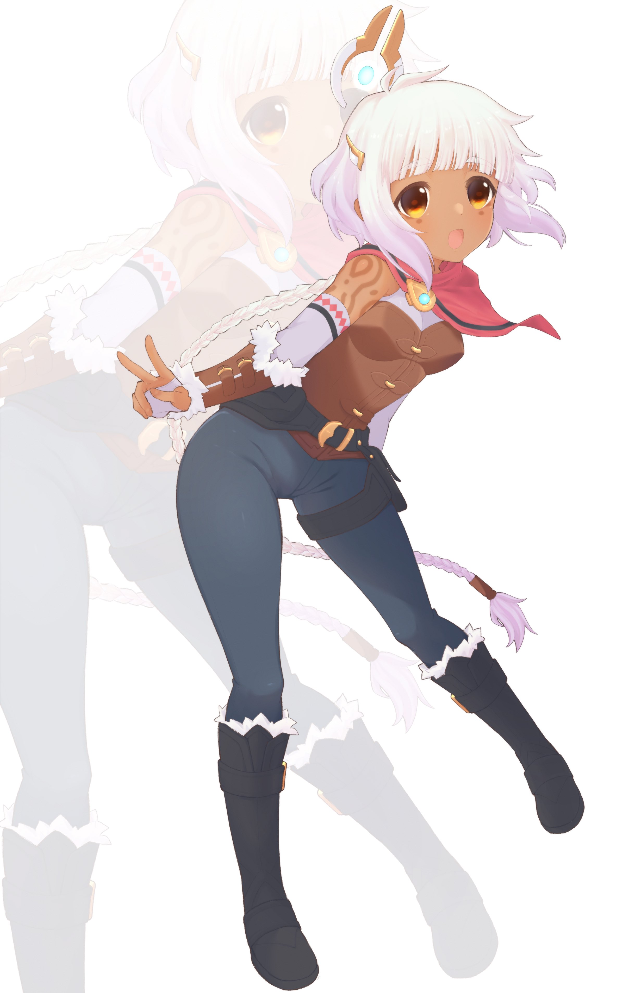alabaster dawn, absurdres, highres, 1girl, arm warmers, belt, black boots, boots, braid, braided ponytail, dark-skinned female, dark skin, detached sleeves, fingerless gloves, full body, gloves, gradient hair, happy, juno (alabaster dawn), knee boots, long hair, multicolored hair, nichiio, open mouth, pants, pink hair, pouch, simple background, smile, solo, standing, thigh pouch, v, white background, white hair, yellow eyes, zoom layer