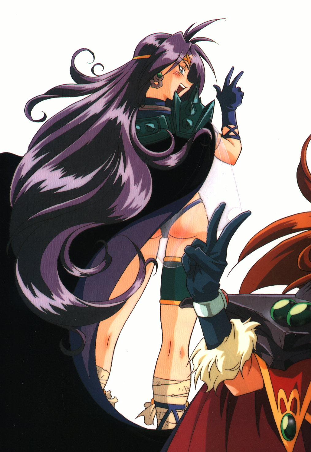 araizumi rui, lina inverse, naga the serpent, slayers, fur, highres, scan, 1990s (style), 2girls, armlet, armor, ass, bandages, blue eyes, blush, cape, circlet, earrings, gloves, hair intakes, jewelry, kneepits, legs, long hair, looking back, multiple girls, orange hair, purple hair, retro artstyle, revealing clothes, see-through clothes, thigh strap, turtleneck, v, very long hair