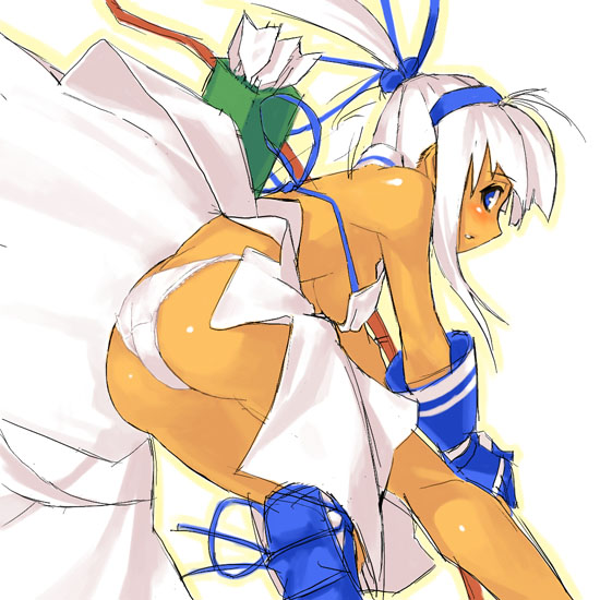 majikina mina, samurai spirits, snk, 1girl, ass, bent over, blush, bow (weapon), breasts, female focus, medium breasts, panties, pantyshot, ponytail, simple background, solo, underboob, underwear, weapon, white background, white hair