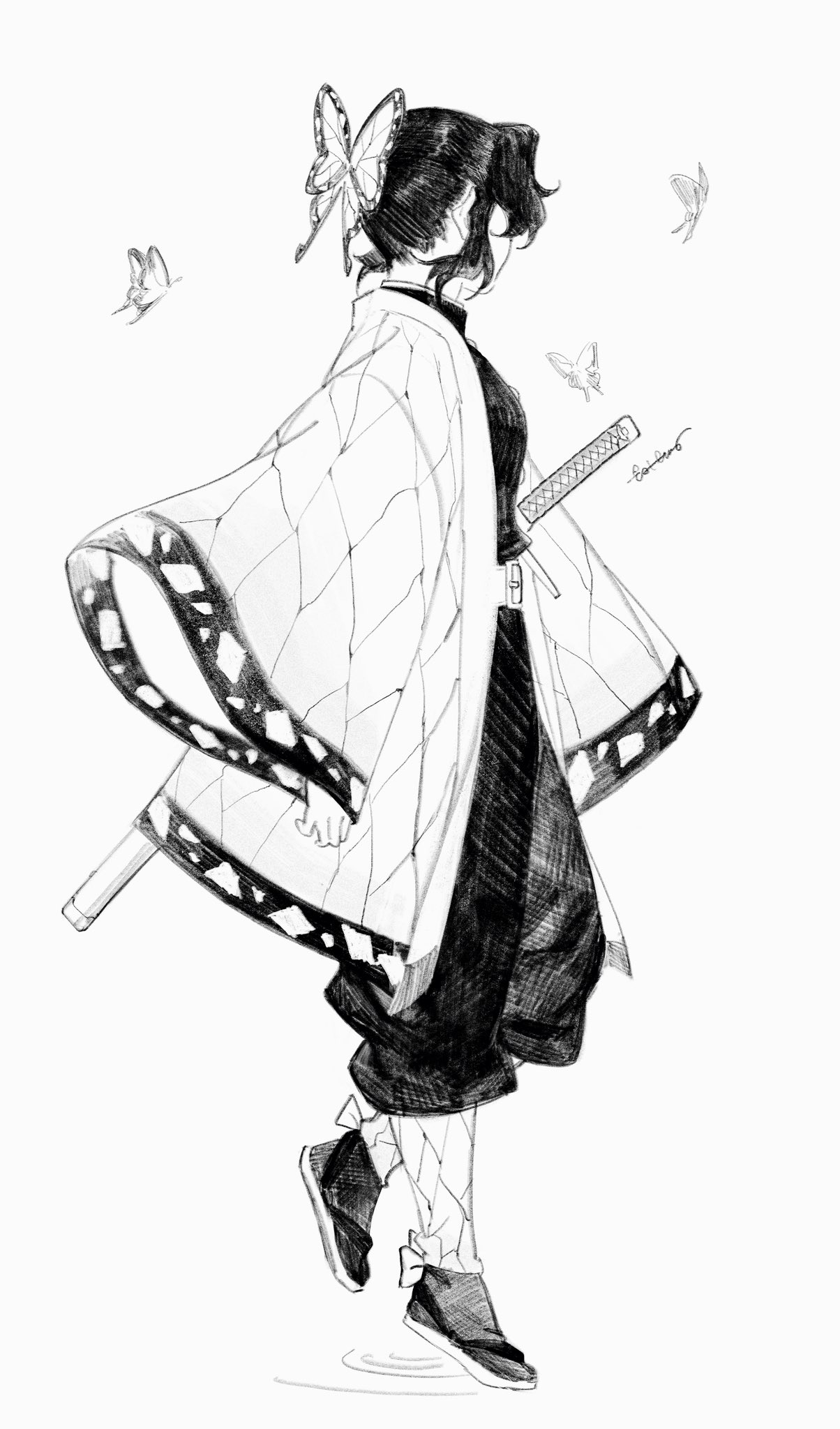 roru (lol dessin), kochou shinobu, kimetsu no yaiba, highres, 1girl, bug, butterfly, butterfly hair ornament, demon slayer uniform, from side, greyscale, hair ornament, haori, insect, japanese clothes, long sleeves, monochrome, sheath, sheathed, shoes, signature, solo, sword, weapon, wide sleeves