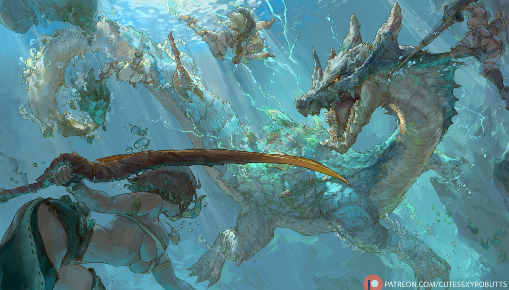 cutesexyrobutts, lagiacrus, monster hunter (series), monster hunter wilds, highres, 4girls, ass, breasts, brown hair, electricity, lance, large breasts, multiple girls, polearm, sea monster, short hair, swimming, sword, underboob, underwater, weapon