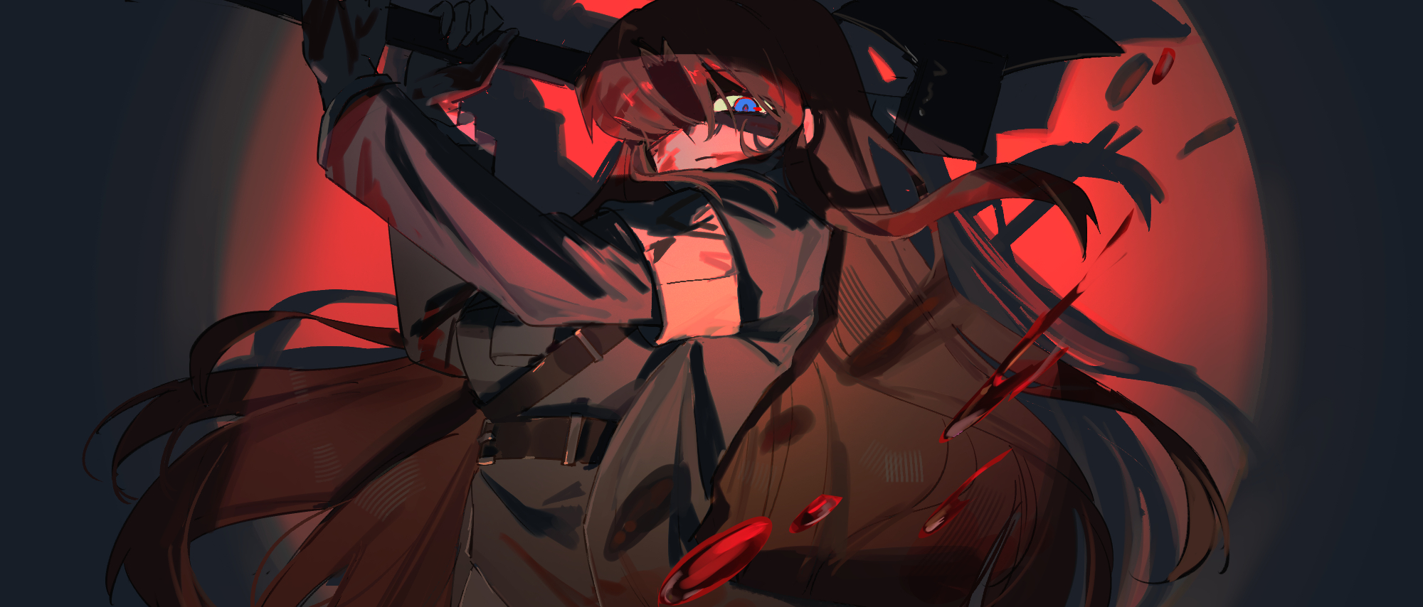 kiscript, rodion (project moon), limbus company, project moon, costume request, highres, 1girl, :|, armband, axe, belt, black gloves, black jacket, black shirt, blue eyes, brown hair, closed mouth, drop shadow, expressionless, floating blood, gloves, hair flowing over, holding, holding axe, incoming attack, jacket, long hair, looking at viewer, partially shaded face, shirt, solo, spotlight, swinging weapon, upper body, very long hair