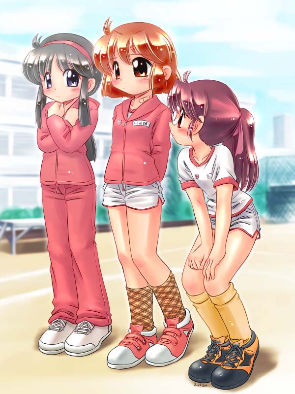 zan, original, plaid legwear, 3girls, bandaid, glasses, gym, gym uniform, hairband, multiple girls, plaid clothes, warmup jacket