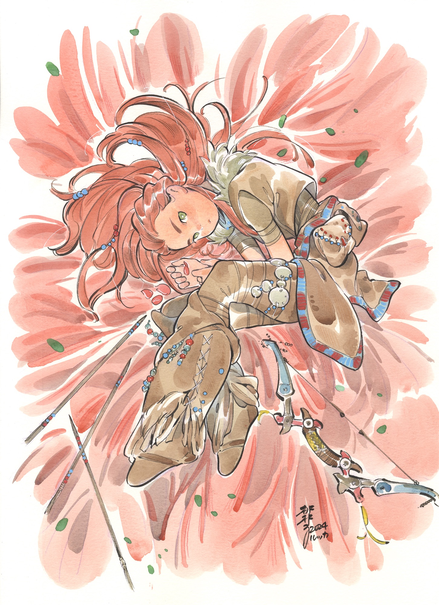 peach momoko, aloy (horizon), horizon (video game), horizon zero dawn, highres, 1girl, arrow (projectile), beads, boots, bow (weapon), fur trim, green eyes, hair beads, hair ornament, orange hair, solo, weapon