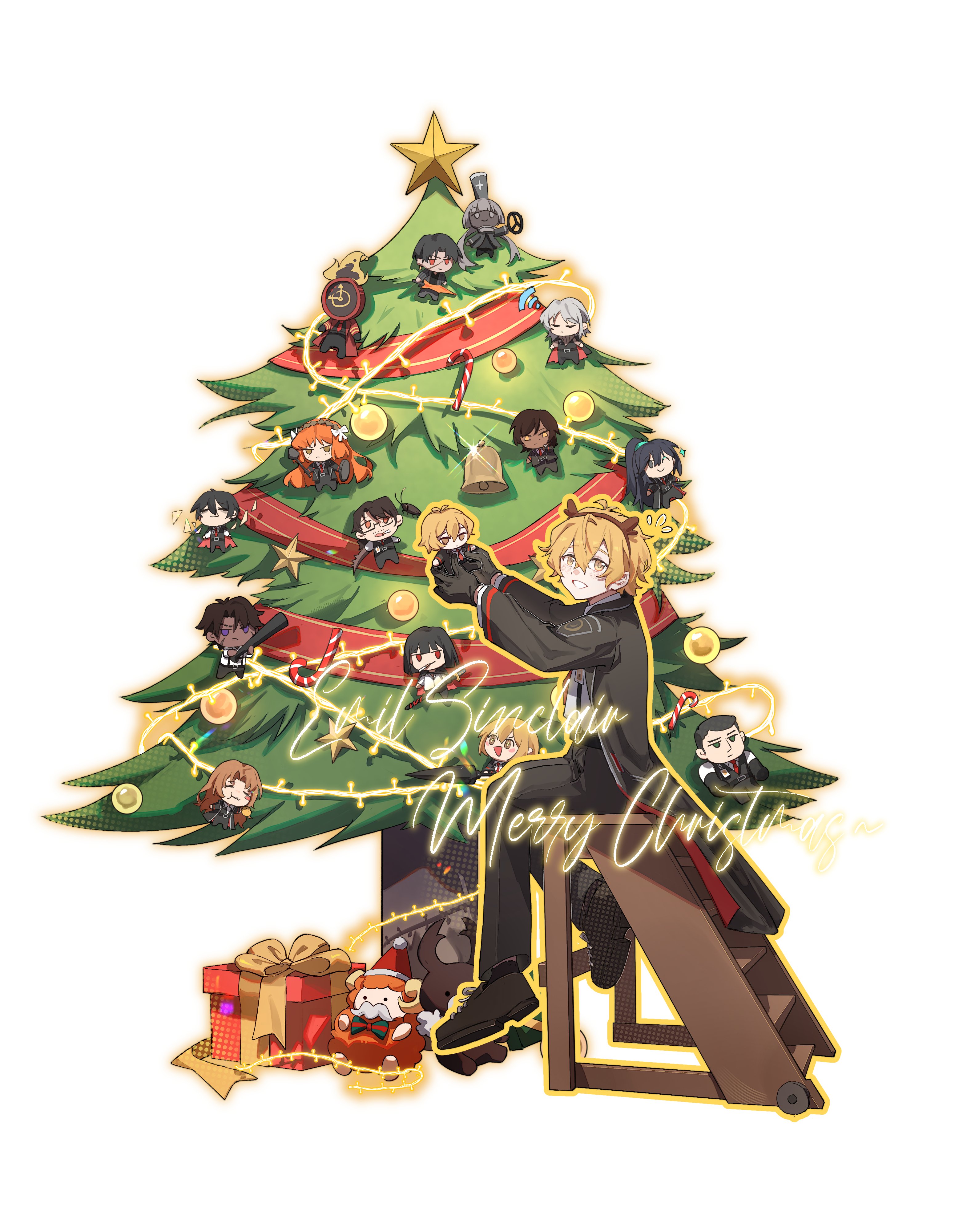kiscript, charon (project moon), dante (limbus company), don quixote (project moon), gregor (project moon), heathcliff (project moon), hong lu (project moon), ishmael (project moon), meursault (project moon), outis (project moon), ryoshu (project moon), sinclair (project moon), vergilius (project moon), yi sang (project moon), limbus company, project moon, absurdres, highres, 1boy, :d, alternate costume, arthropod limbs, baseball bat, bell, black gloves, black jacket, blonde hair, bug, candy, candy cane, character ornament, cockroach, double-parted bangs, everyone, fairy lights, fake antlers, food, gauntlets, gift, gloves, hair between eyes, hat, holding, holding baseball bat, holding detached steering wheel, holding ornament, holding polearm, holding shield, holding umbrella, holding weapon, id card, insect, jacket, ladder, looking at viewer, male focus, merry christmas, multiple expressions, notice lines, open mouth, outline, polearm, red ribbon, ribbon, santa hat, shield, shirt, short hair, sitting, smile, umbrella, weapon, white shirt, yellow outline