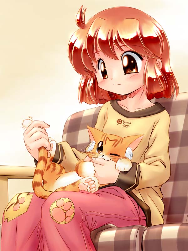 zan, original, 1girl, ;3, ahoge, animal, biting, blush, brown eyes, brown sweater, cat, closed mouth, collarbone, couch, female focus, long sleeves, looking up, on couch, one eye closed, pants, pink pants, red eyes, red hair, short hair, sitting, solo, sweater, tareme, whiskers