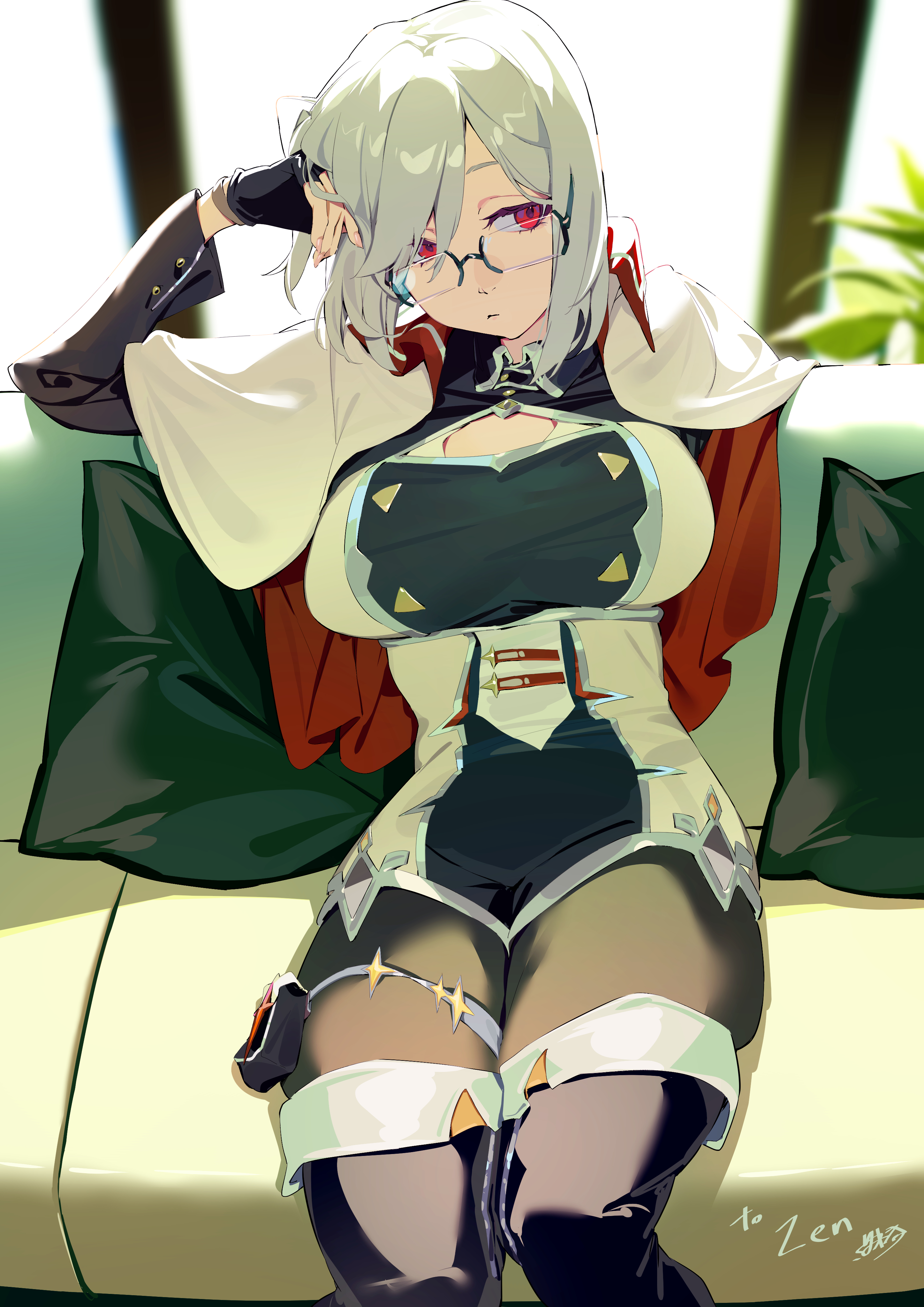 ibaraki shun, original, absurdres, commission, highres, skeb commission, 1girl, black gloves, boots, capelet, fingerless gloves, glasses, gloves, looking to the side, medium hair, red eyes, semi-rimless eyewear, sitting, solo, thigh boots, white hair