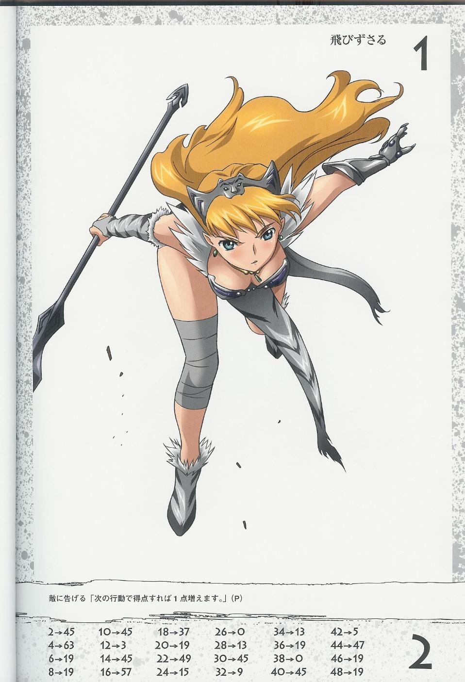 hisayuki hirokazu, elina (queen's blade), queen's blade, fur, highres, official art, 00s, 1girl, angry, armor, bent over, bikini armor, blonde hair, breasts, cleavage, earrings, female focus, hairband, jewelry, loincloth, long hair, medium breasts, polearm, solo, spear, weapon