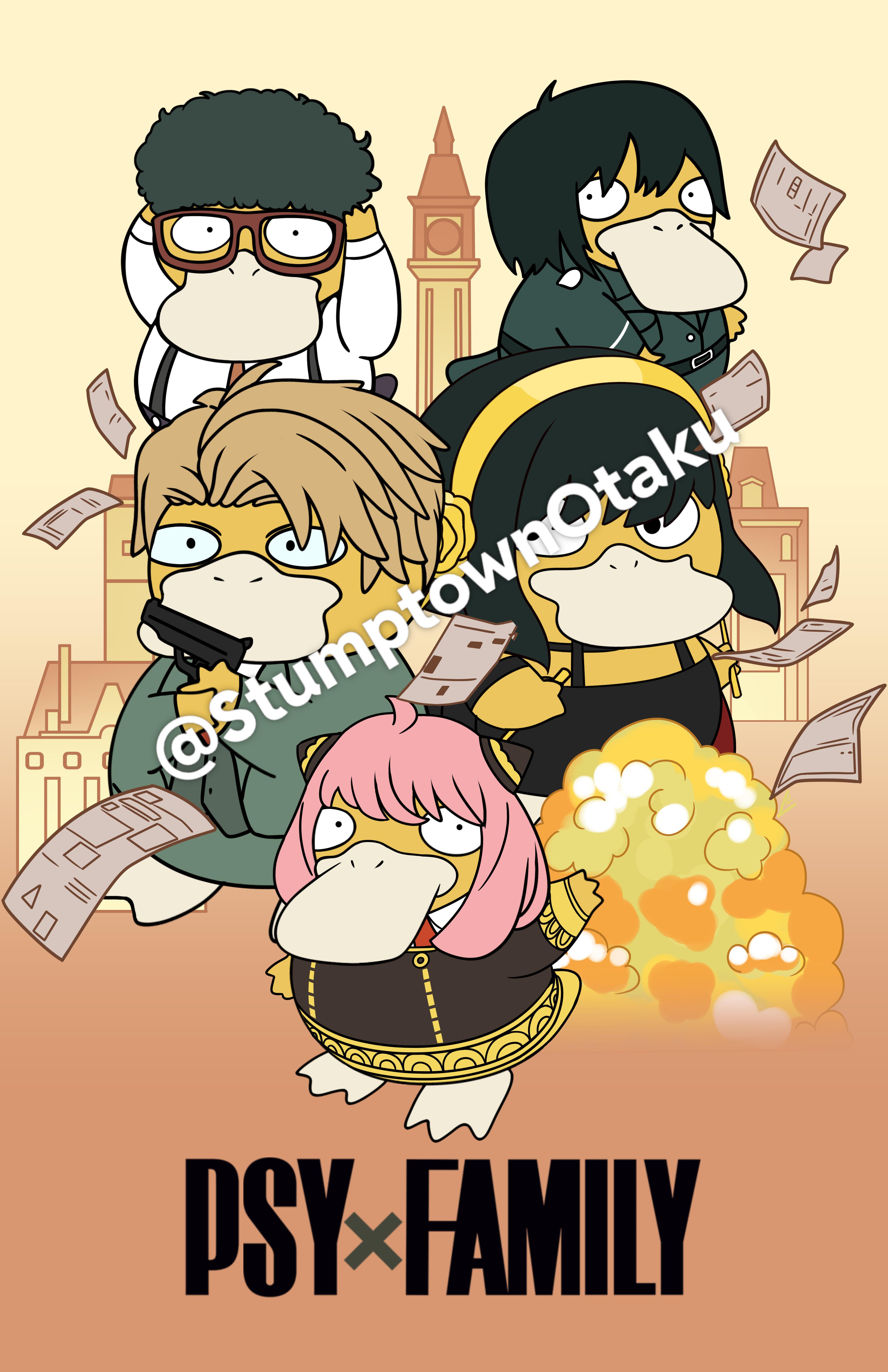 anya (spy x family), psyduck, twilight (spy x family), yor briar, yuri briar, nintendo, pokemon, spy x family, absurdres, highres, black hair, brown hair, clock, clock tower, cosplay, crossover, gen 1 pokemon, glasses, pink hair, pokemon (creature), stumptownotaku, tower