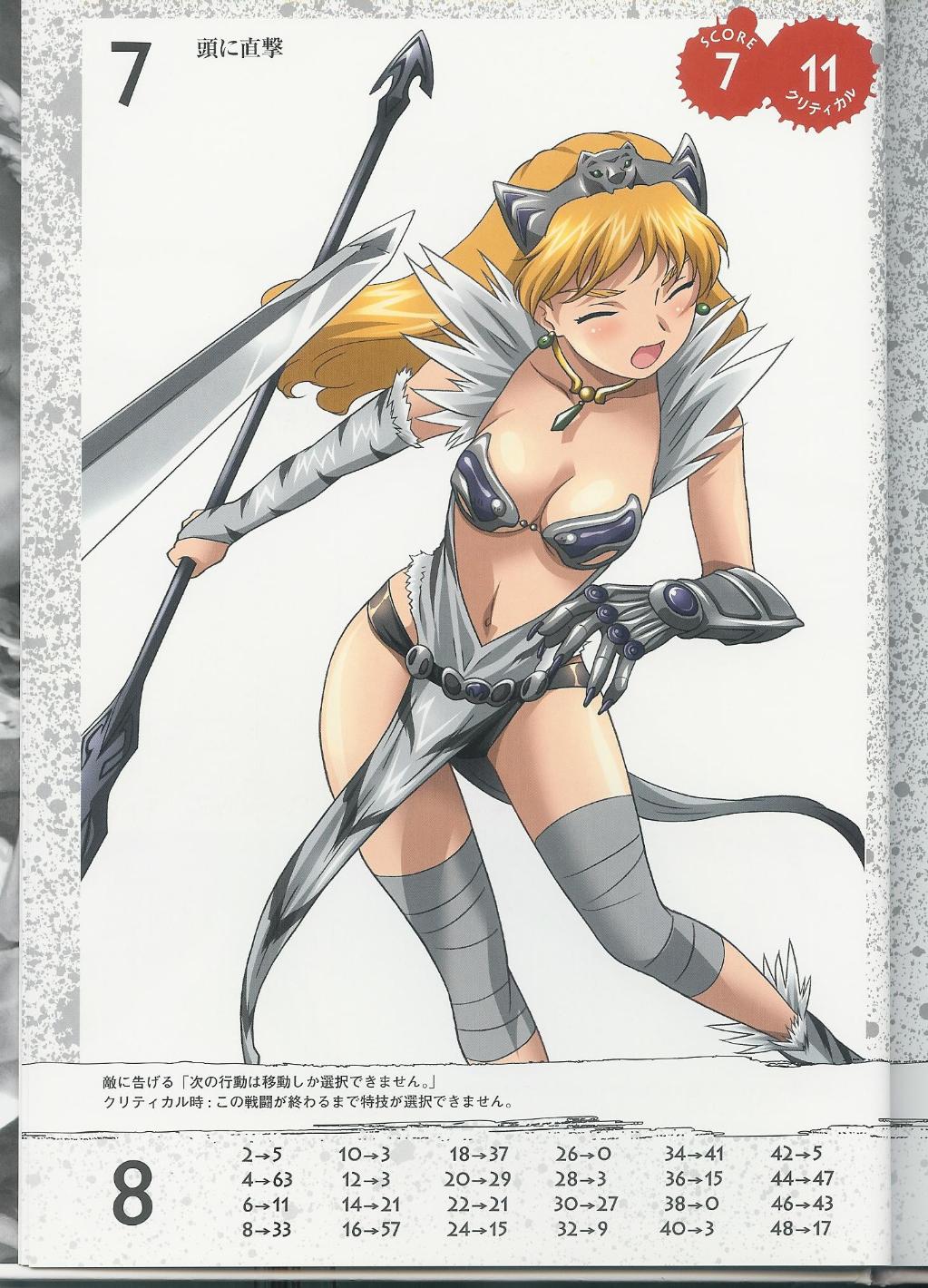 hisayuki hirokazu, elina (queen's blade), queen's blade, highres, official art, 00s, 1girl, arm warmers, armor, arrow (symbol), asphyxiation, bandaged leg, bandages, bare shoulders, bikini armor, blonde hair, blush, breasts, cleavage, female focus, gauntlets, holding, holding weapon, jewelry, lance, large breasts, long hair, navel, neck ring, necklace, open mouth, polearm, simple background, solo, tiara, weapon, wince