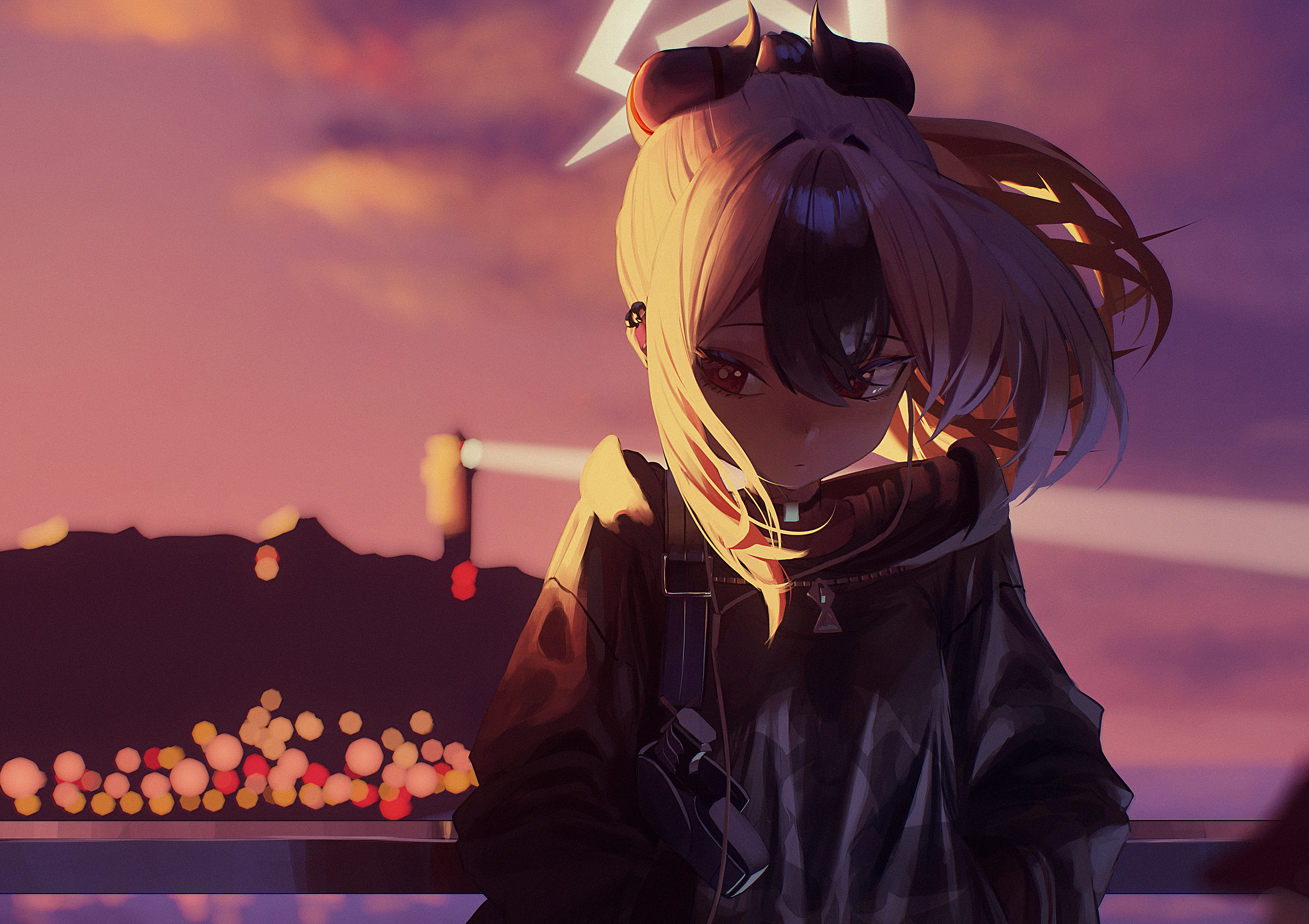 rifu002, kayoko (blue archive), blue archive, absurdres, highres, 1girl, bag, black bag, black hair, black hoodie, closed mouth, demon girl, demon horns, ear piercing, grey halo, hair between eyes, halo, hands in pockets, holding, holding bag, hood, hoodie, horns, long hair, looking at viewer, multicolored hair, piercing, ponytail, red eyes, sidelocks, skyline, solo, two-tone hair, white hair