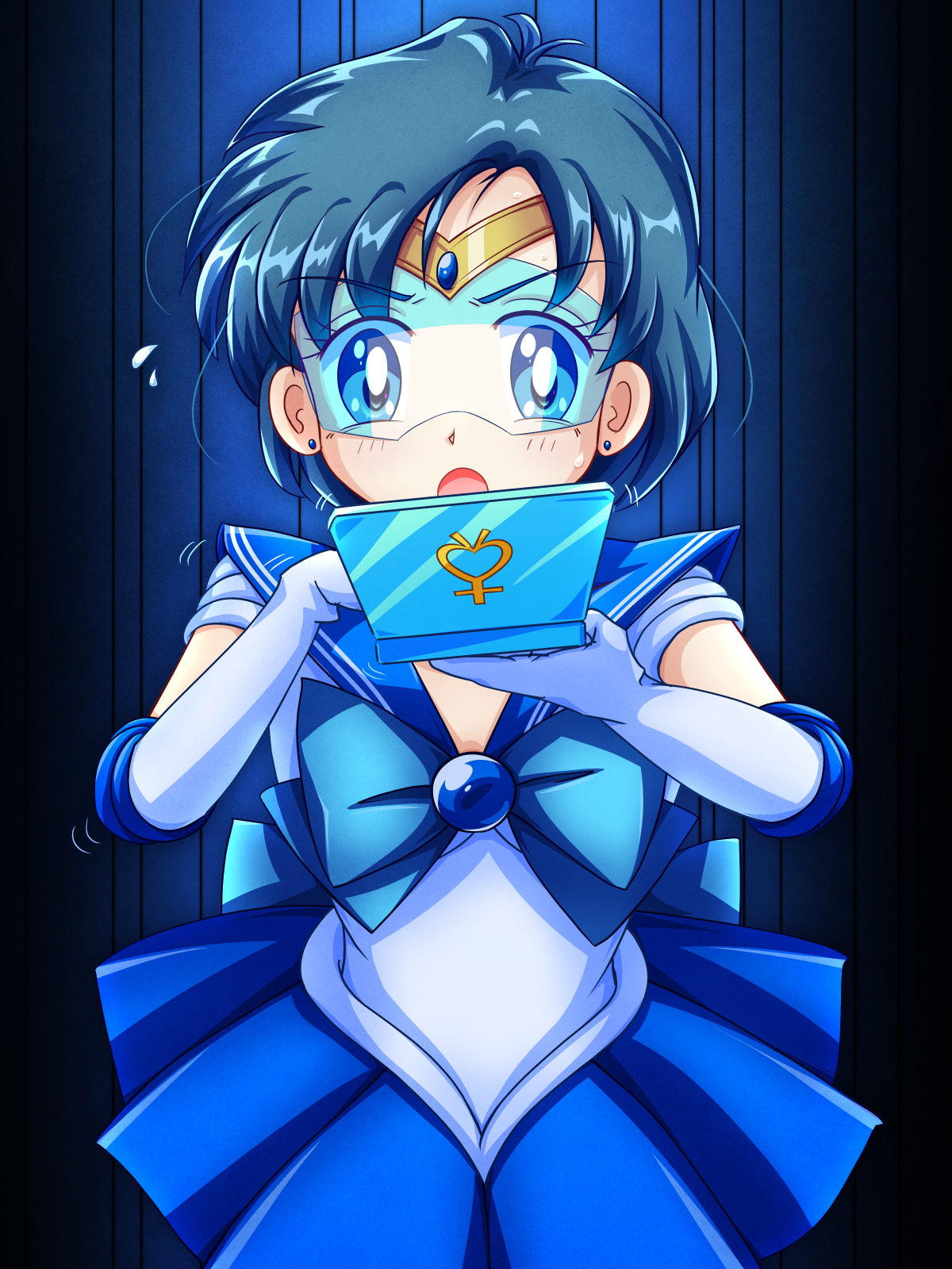 mimimix, mizuno ami, sailor mercury, bishoujo senshi sailor moon, highres, back bow, blue choker, blue eyes, blue hair, blue sailor collar, blue skirt, blue visor, bow, choker, circlet, elbow gloves, gloves, open mouth, sailor collar, sailor senshi uniform, short hair, skirt, super computer (sailor moon), white gloves