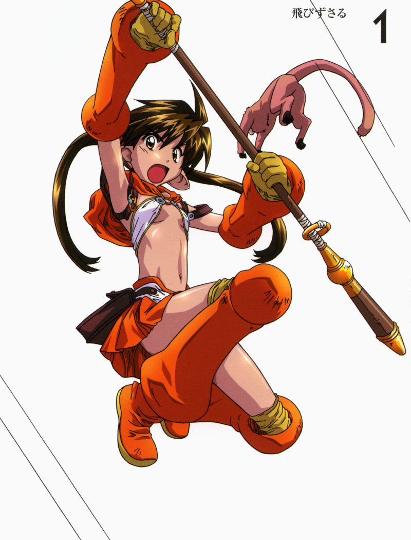 hirata katsuzou, forest keeper nowa, nowa (queen's blade), ruu (queen's blade), queen's blade, 00s, 1girl, breasts, brown eyes, brown hair, card (medium), female focus, flat chest, long hair, monkey, pointy ears, revealing clothes, skirt, sling bikini top, small breasts, solo, staff, twintails