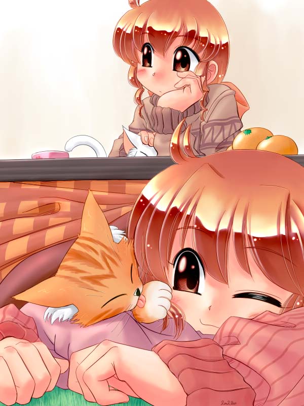 kotetsu, zan, original, 2girls, cat, kotatsu, multiple girls, siblings, sisters, table