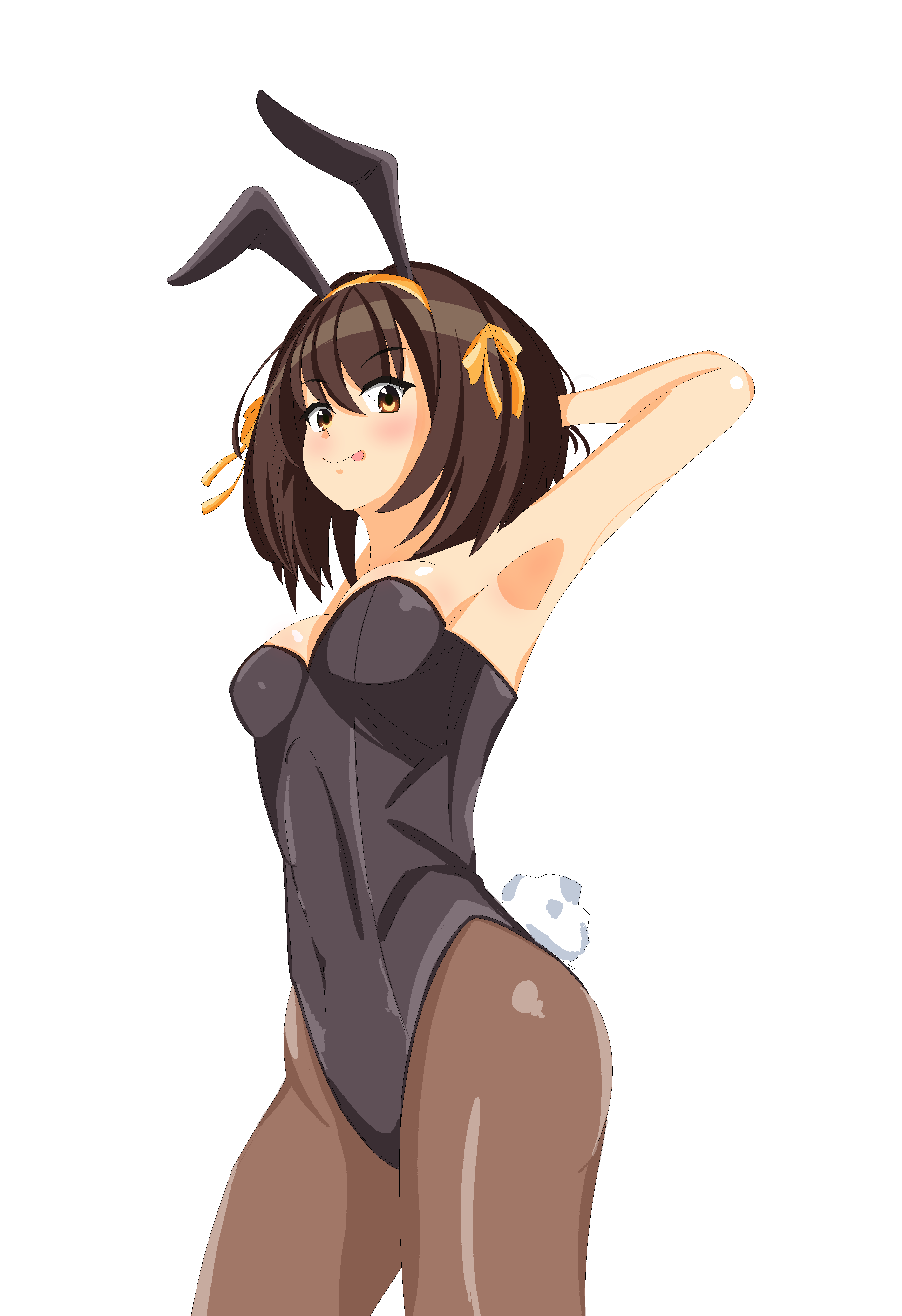 suzumiya haruhi, suzumiya haruhi no yuuutsu, absurdres, highres, non-web source, 1girl, animal ears, armpits, arms behind head, arms up, bare shoulders, blush, breasts, cleavage, closed mouth, fake animal ears, hair ornament, hairband, large breasts, looking at viewer, rabbit ears, rabbit tail, ribbon, simple background, solo, sos brigade, stomach, tail, thighs, white background, yellow hairband, yellow ribbon