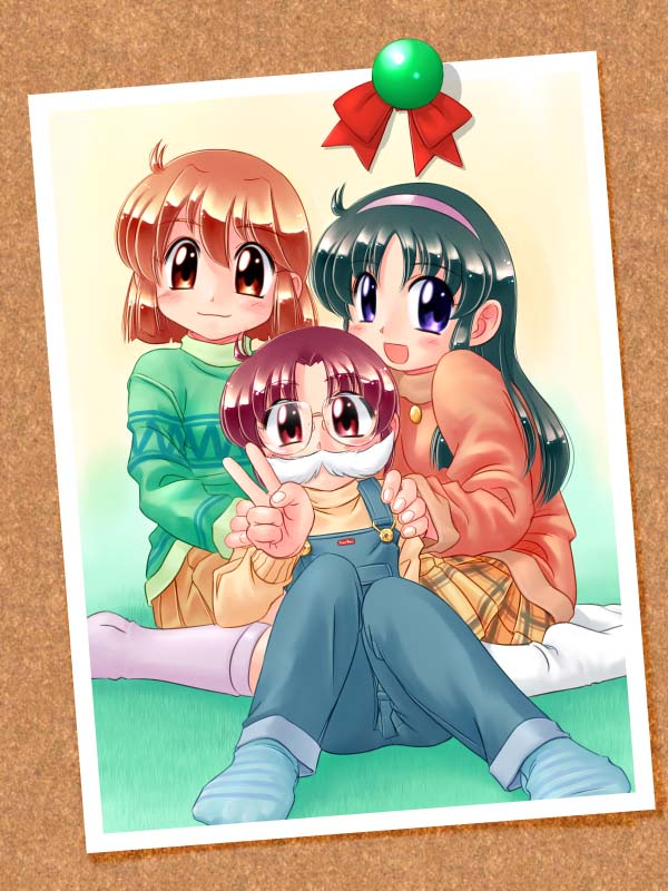 zan, original, 3girls, facial hair, fake facial hair, fake mustache, glasses, green shirt, hairband, multiple girls, mustache, overalls, photo (object), shirt, socks, sweater