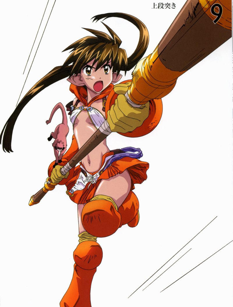 hirata katsuzou, forest keeper nowa, nowa (queen's blade), ruu (queen's blade), queen's blade, 00s, 1girl, brown eyes, brown hair, female focus, flat chest, long hair, monkey, pointy ears, revealing clothes, skirt, solo, staff, twintails
