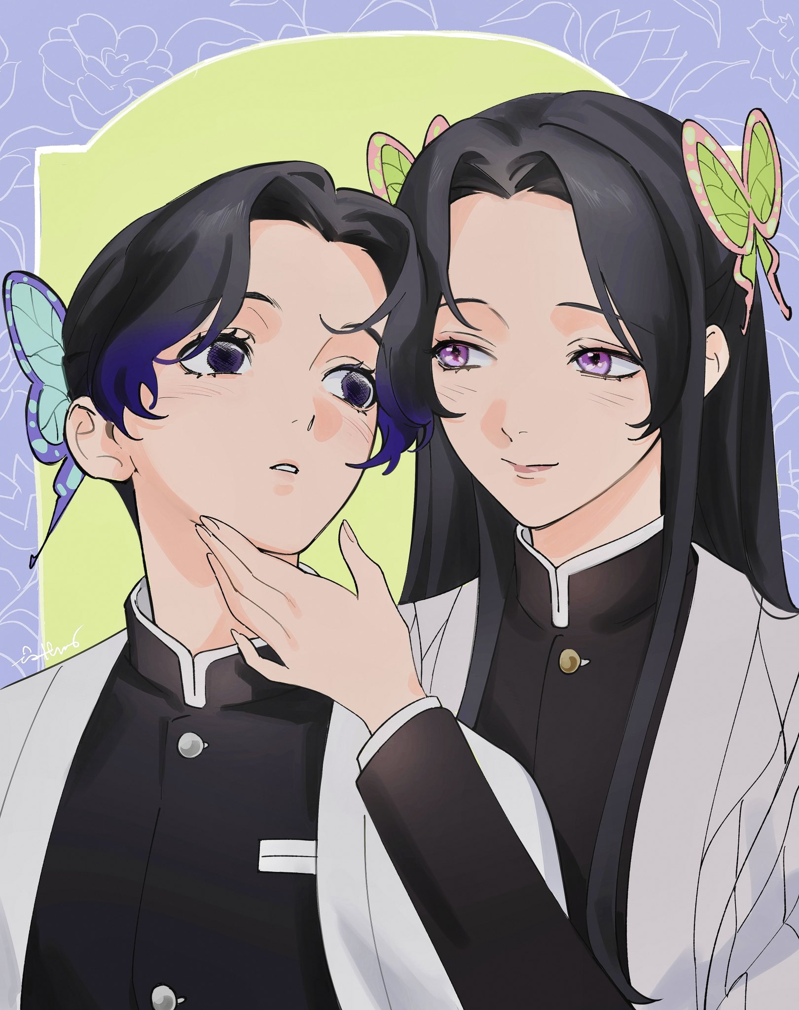 roru (lol dessin), kochou kanae, kochou shinobu, kimetsu no yaiba, highres, 2girls, black hair, black shirt, blue hair, butterfly hair ornament, closed mouth, demon slayer uniform, hair ornament, hand on another's chin, long hair, multicolored hair, multiple girls, parted lips, purple eyes, shirt, siblings, sisters, smile, two-tone hair