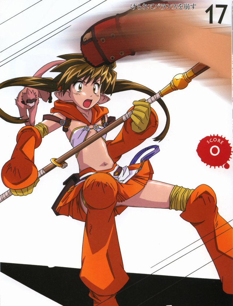 hirata katsuzou, forest keeper nowa, nowa (queen's blade), ruu (queen's blade), queen's blade, 00s, 1girl, brown hair, female focus, flat chest, long hair, monkey, pointy ears, revealing clothes, skirt, solo, staff, twintails, yellow eyes