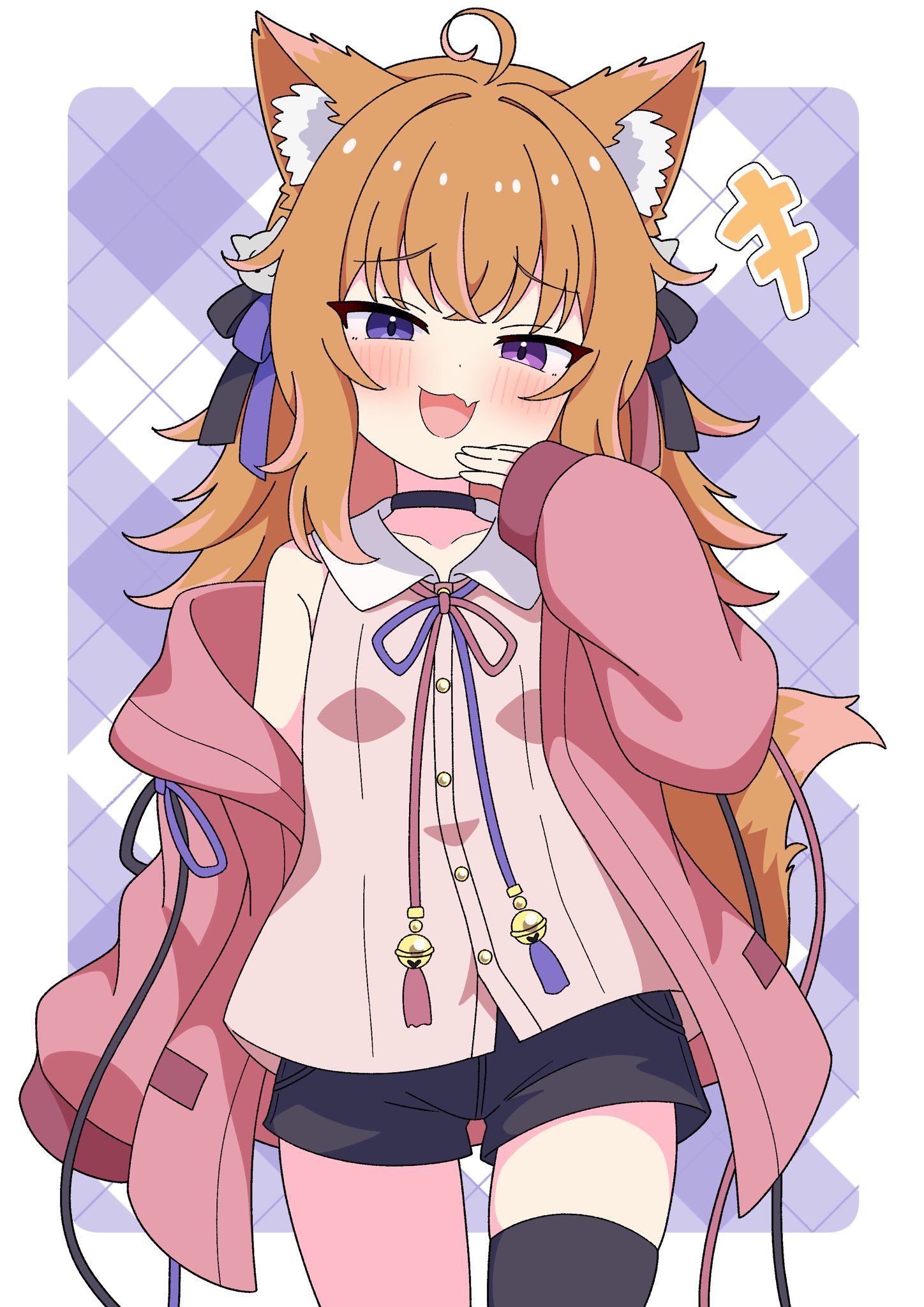 yuu-kun (inugamikenoy), indie virtual youtuber, highres, 1girl, :3, :d, animal ears, argyle background, black shorts, black thighhighs, brown hair, cat ears, cat girl, cat tail, colored tips, fang, hand to own mouth, jacket, long hair, long sleeves, looking at viewer, mineko the nekoberos, multicolored hair, off shoulder, open clothes, open jacket, open mouth, orange hair, pink hair, pink jacket, pink shirt, purple eyes, shirt, short shorts, shorts, single thighhigh, skin fang, sleeveless, sleeveless shirt, sleeves past fingers, sleeves past wrists, smile, smug, tail, thighhighs, two-tone hair, virtual youtuber
