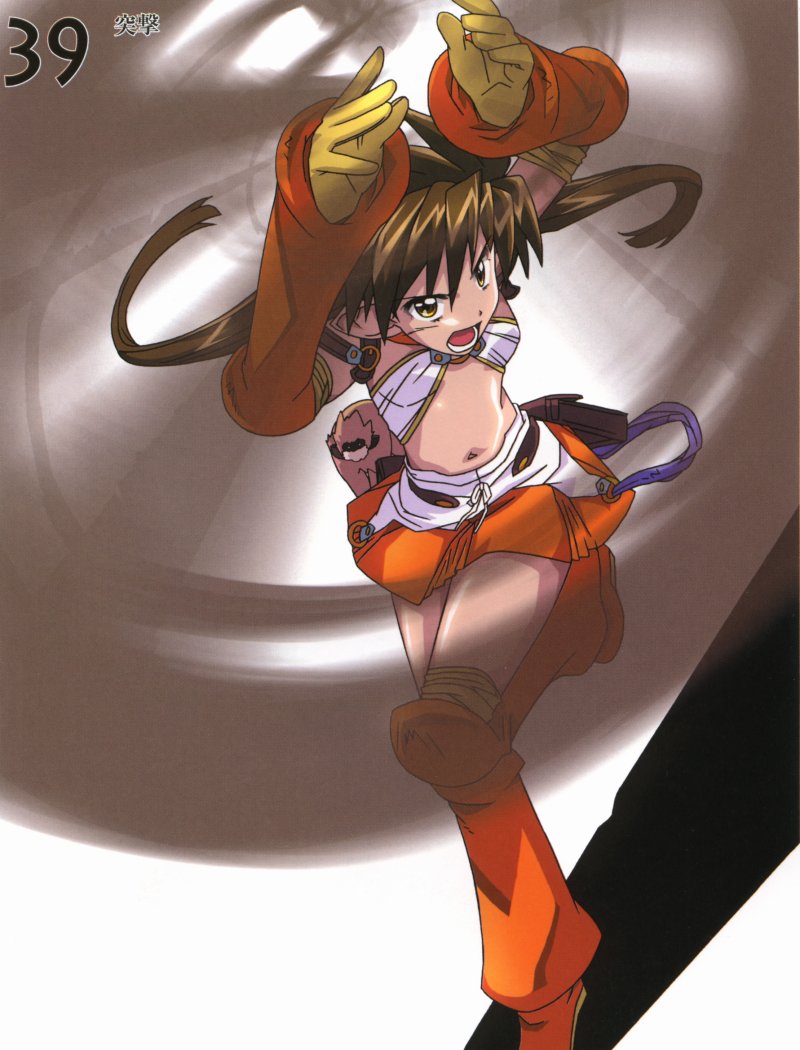 hirata katsuzou, forest keeper nowa, nowa (queen's blade), ruu (queen's blade), queen's blade, 00s, angry, brown hair, flat chest, gloves, long hair, monkey, pointy ears, skirt, solo, staff, twintails, yellow eyes