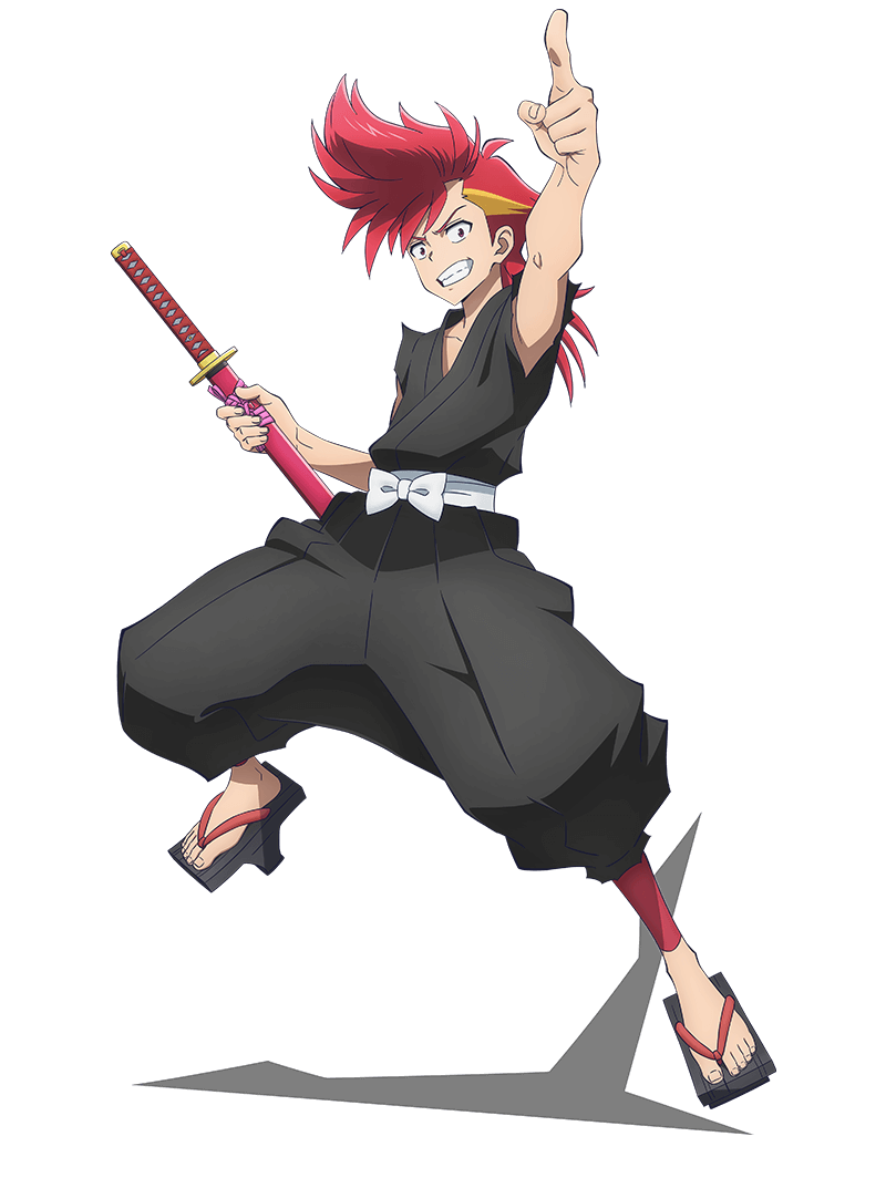 yokota masafumi, bucchigire!, official art, 1boy, anime coloring, arm up, black kimono, black pants, collarbone, full body, geta, hakama, hakama pants, holding, holding sword, holding weapon, ichibanboshi (bucchigire!), japanese clothes, katana, kimono, looking at viewer, medium hair, open mouth, outstretched arm, pants, pointing, pointing forward, pointing up, red eyes, red hair, sash, scabbard, sheath, simple background, sleeveless, smile, solo, standing, sword, teeth, transparent background, v-shaped eyebrows, weapon, white sash