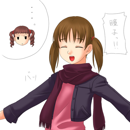 toshifumi, fukuzawa yumi, matsudaira touko, maria-sama ga miteru, lowres, …, 00s, 2girls, :d, ^ ^, brown hair, closed eyes, drill hair, jacket, jitome, long sleeves, multiple girls, open clothes, open jacket, open mouth, outstretched arms, scarf, simple background, smile, twin drills, twintails, white background