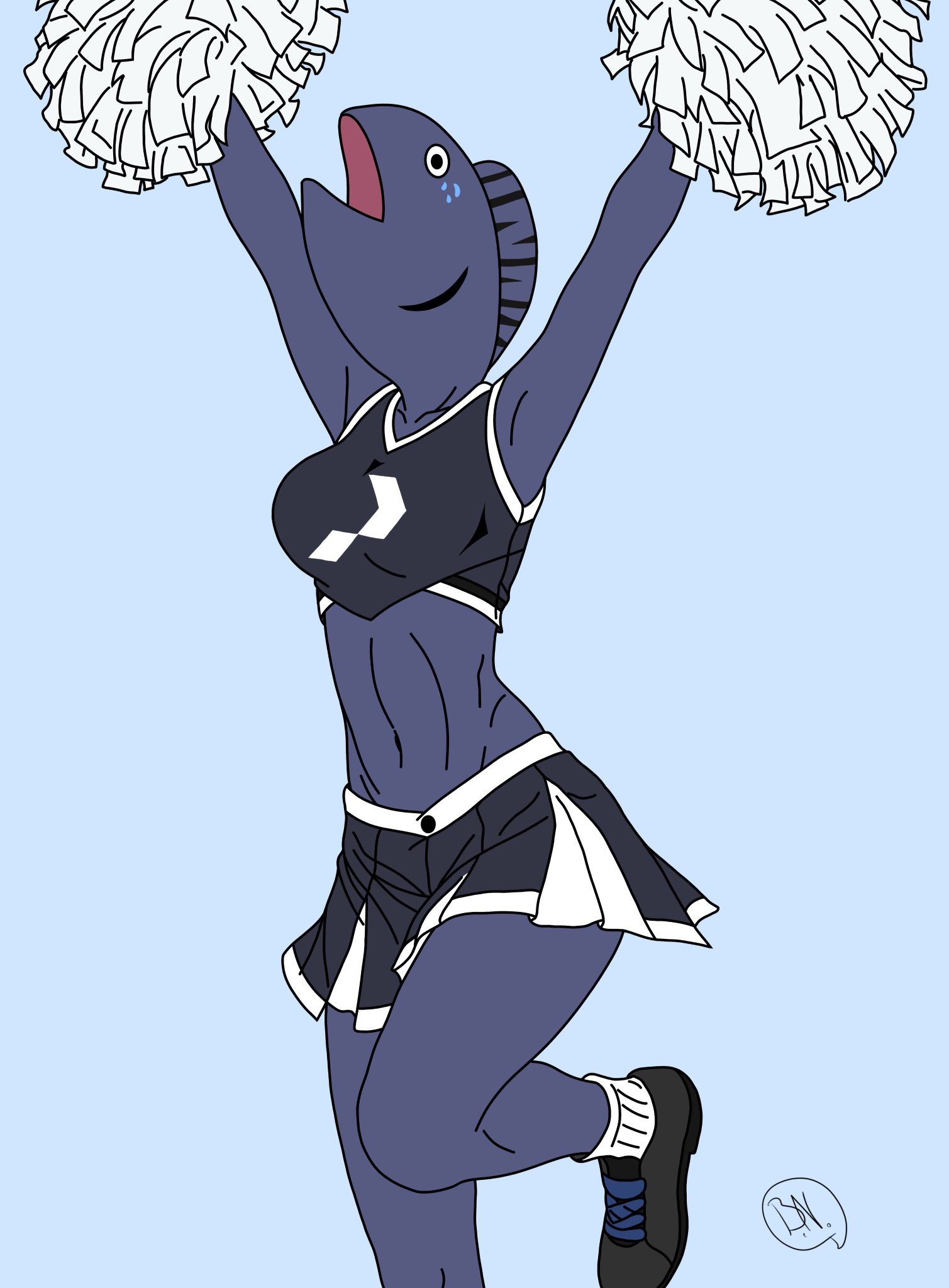 h2osakana, phase connect, 1girl, cheerleader, fish girl, pom pom (cheerleading), shoes, skirt, socks, sports bra
