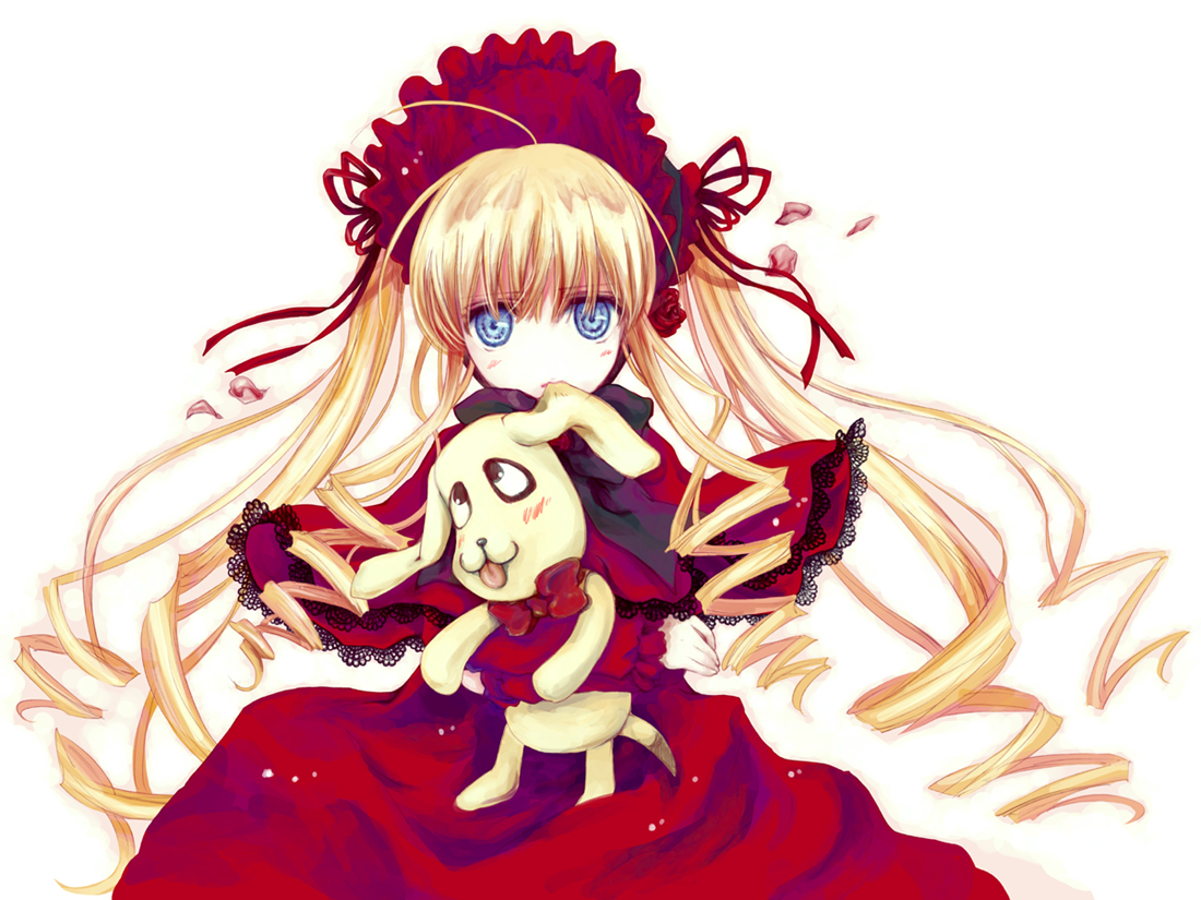 cradle (circle), kuroya shinobu, kunkun, shinku, rozen maiden, 00s, 1girl, ahoge, blonde hair, blue eyes, blush, bonnet, capelet, dress, drill hair, expressionless, female focus, floating hair, flower, holding, long hair, looking at viewer, petals, red dress, rose, solo, twintails, upper body, very long hair