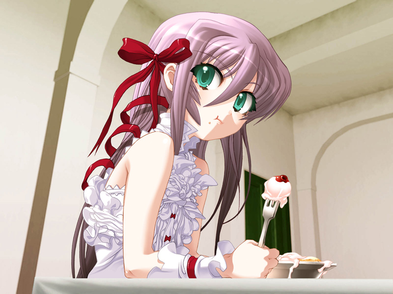 nishii (damnedrive), al azif (demonbane), demonbane, 00s, eating, food, green eyes, ice cream, purple hair, solo