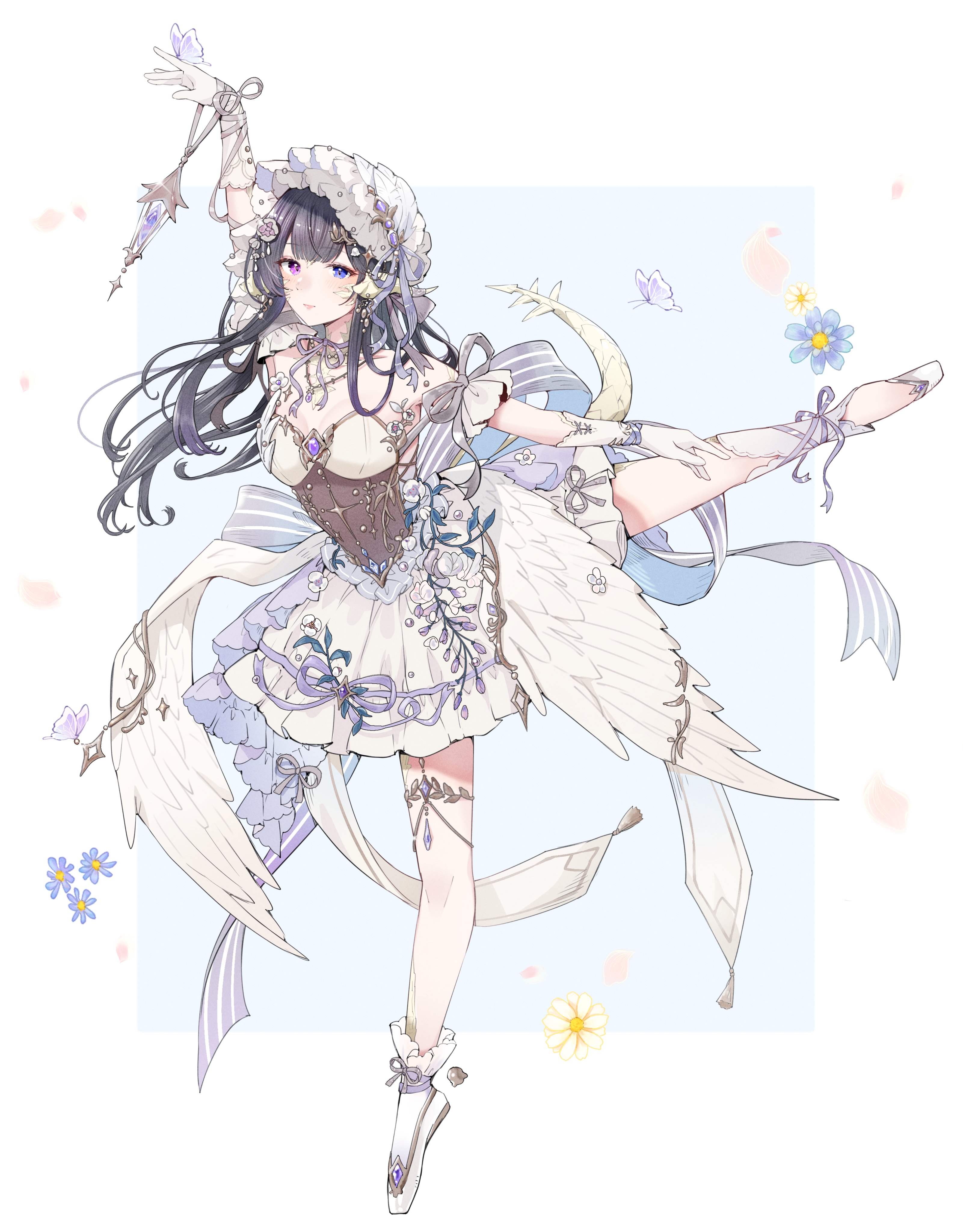 mokokoiro, warrior of light (ff14), final fantasy, final fantasy xiv, absurdres, commission, highres, skeb commission, 1girl, au ra, ballet slippers, bare shoulders, black hair, blue eyes, bonnet, breasts, bug, butterfly, dragon girl, dragon horns, dragon tail, dress, en pointe, flower, gloves, hair ornament, horns, insect, lantern, long hair, looking at viewer, purple eyes, scales, sleeveless, sleeveless dress, solo, tail, white bonnet, white dress, white gloves, wings