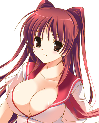 kanekiyo miwa, kousaka tamaki, to heart (series), to heart 2, untied, lowres, 00s, 1girl, areola slip, blush, breasts, brown eyes, cleavage, closed mouth, collarbone, female focus, large breasts, light smile, long hair, looking at viewer, no bra, parted bangs, red hair, school uniform, serafuku, shirt, short sleeves, simple background, smile, solo, straight hair, two side up, upper body, very long hair, white background, white shirt