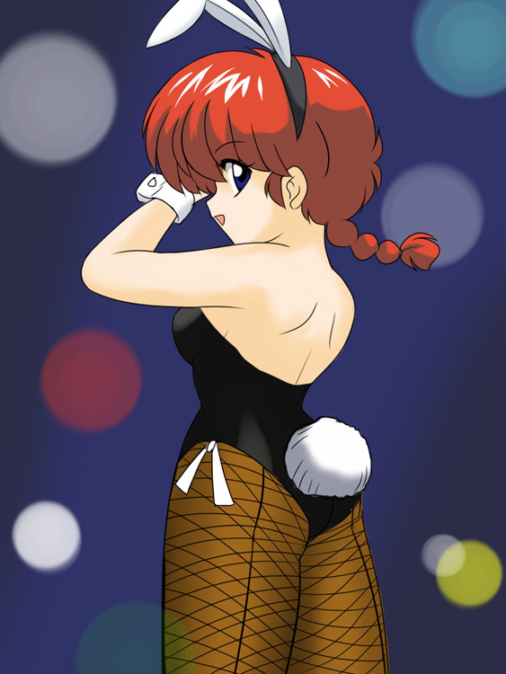 kj (k777), ranma-chan, saotome ranma, ranma 1/2, 1girl, animal ears, ass, blue eyes, braid, braided ponytail, breasts, fake animal ears, female focus, fishnet pantyhose, fishnets, genderswap, genderswap (mtf), leotard, long hair, pantyhose, playboy bunny, rabbit, rabbit ears, rabbit tail, red hair, single braid, solo, tail