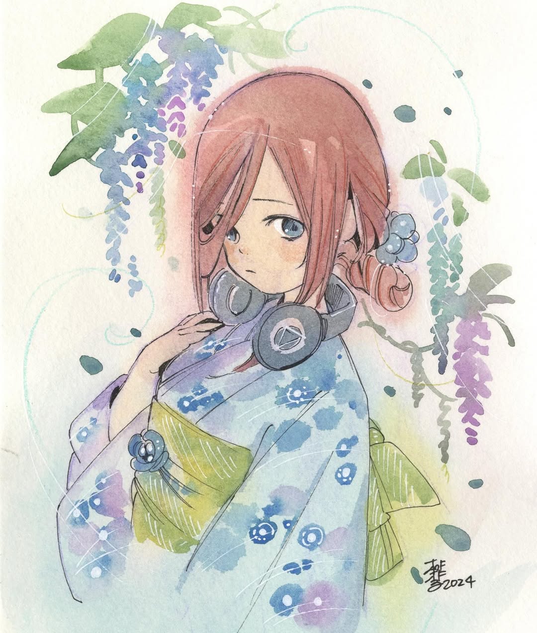 peach momoko, nakano miku, go-toubun no hanayome, highres, 1girl, blue eyes, blue kimono, brown hair, flower, headphones, japanese clothes, kimono, looking at viewer, sash, solo