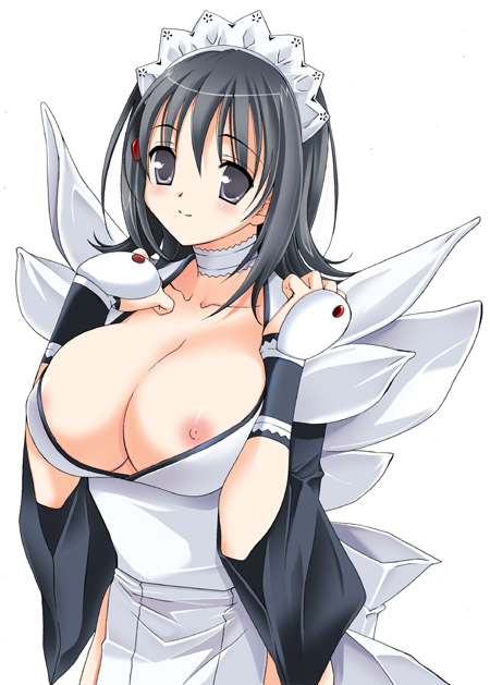 kanekiyo miwa, iroha (samurai spirits), samurai spirits, 1girl, breasts, female focus, flipped hair, large breasts, maid, nipples, smile, solo