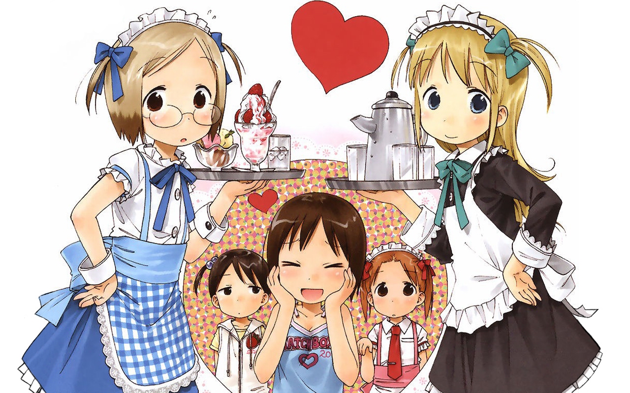 barasui, ana coppola, itou chika, itou nobue, matsuoka miu, sakuragi matsuri, ichigo mashimaro, 5girls, blonde hair, blue eyes, child, cosplay, multiple girls, siblings, sisters, waitress