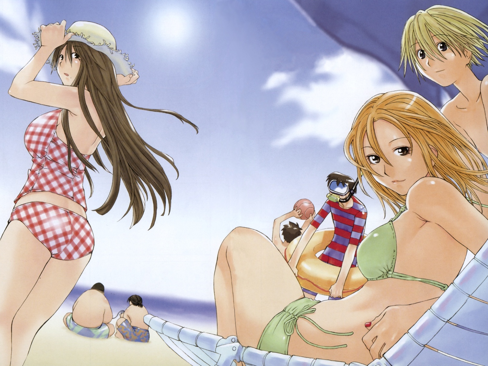 kio shimoku, kasukabe saki, kousaka makoto, kugayama mitsunori, madarame harunobu, oono kanako, sasahara kanji, tanaka souichirou, genshiken, highres, official art, official wallpaper, 00s, 2girls, 5boys, beach, bikini, blonde hair, brown hair, chair, day, diving mask, everyone, goggles, hat, innertube, long hair, lounge chair, mole, mole under eye, multiple boys, multiple girls, outdoors, plaid bikini, plaid clothes, side-tie bikini bottom, snorkel, straw hat, swim ring, swimsuit