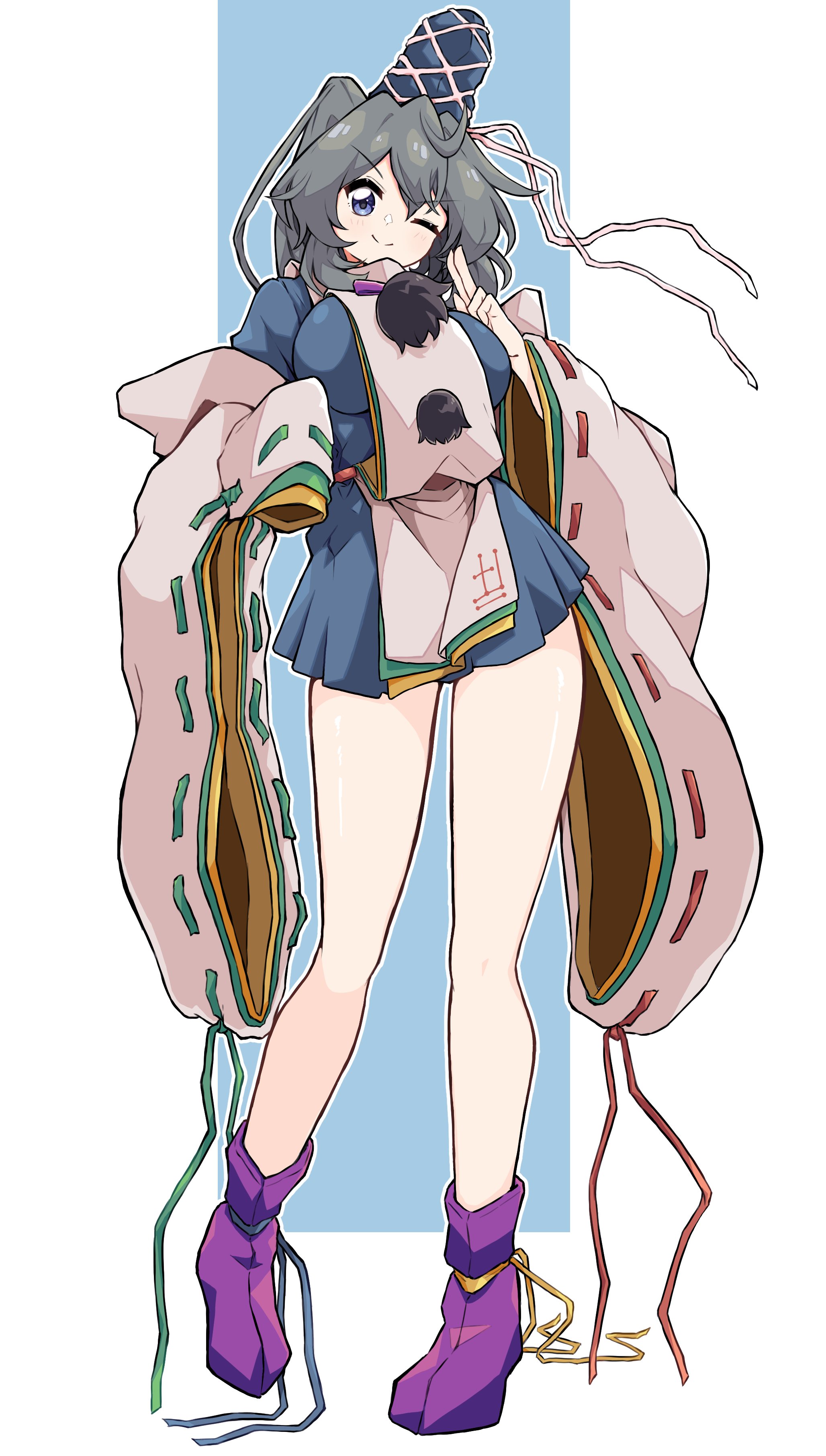 gurajio, mononobe no futo, touhou, absurdres, highres, 1girl, full body, hat, japanese clothes, pom pom (clothes), ponytail, solo