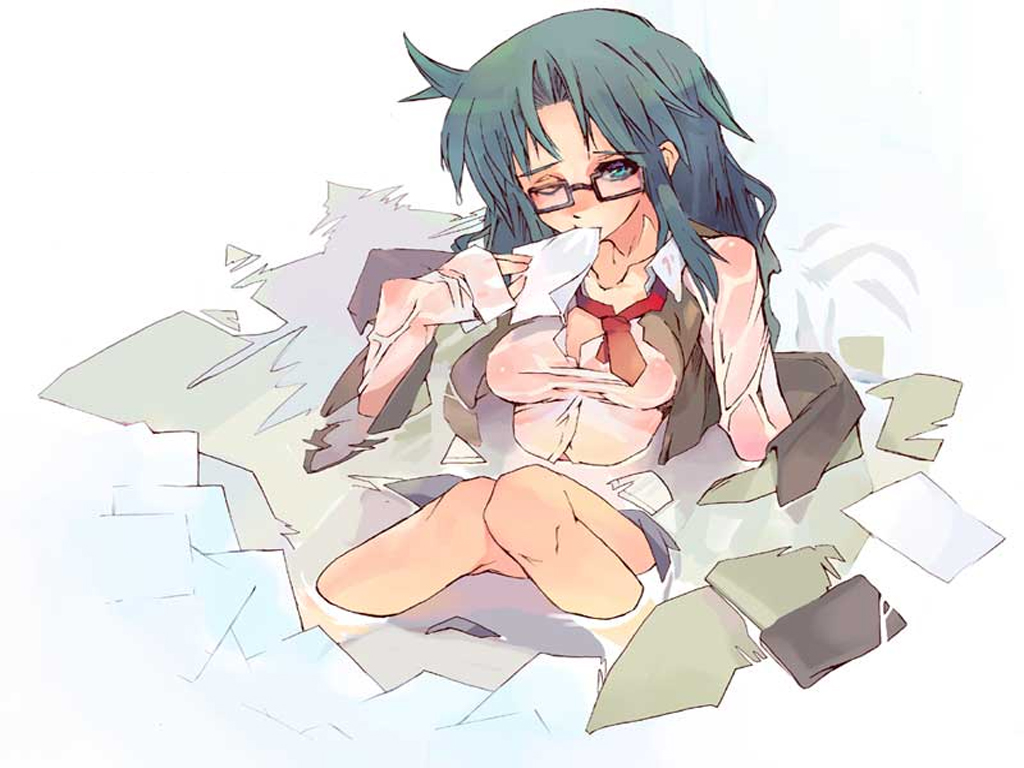 yomiko readman, read or die, bad id, bad pixiv id, 00s, 1girl, female focus, glasses, mouth hold, solo, wet, wet clothes
