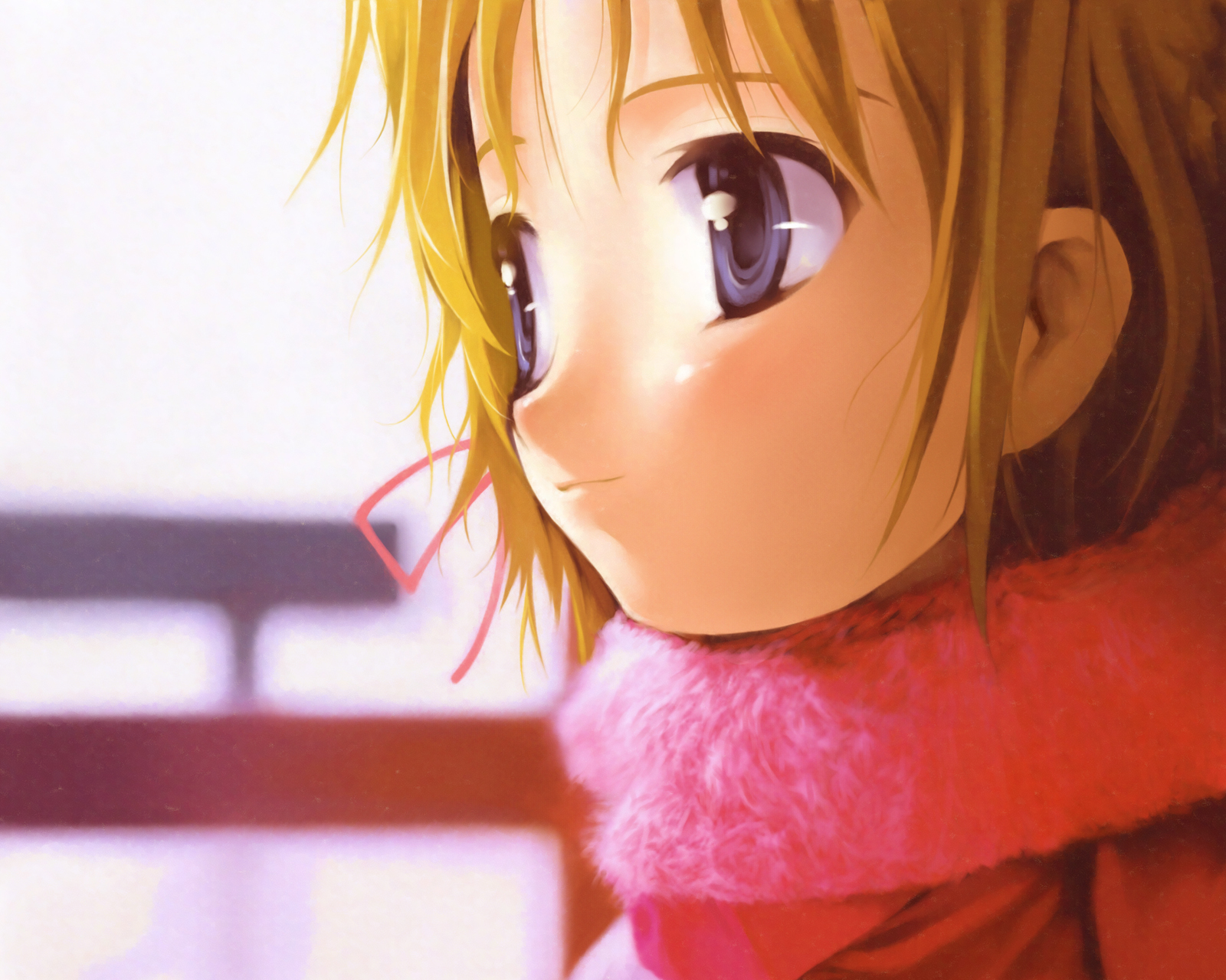 ishikei, highres, 1girl, blonde hair, blue eyes, female focus, outdoors, portrait, ribbon, scarf, solo