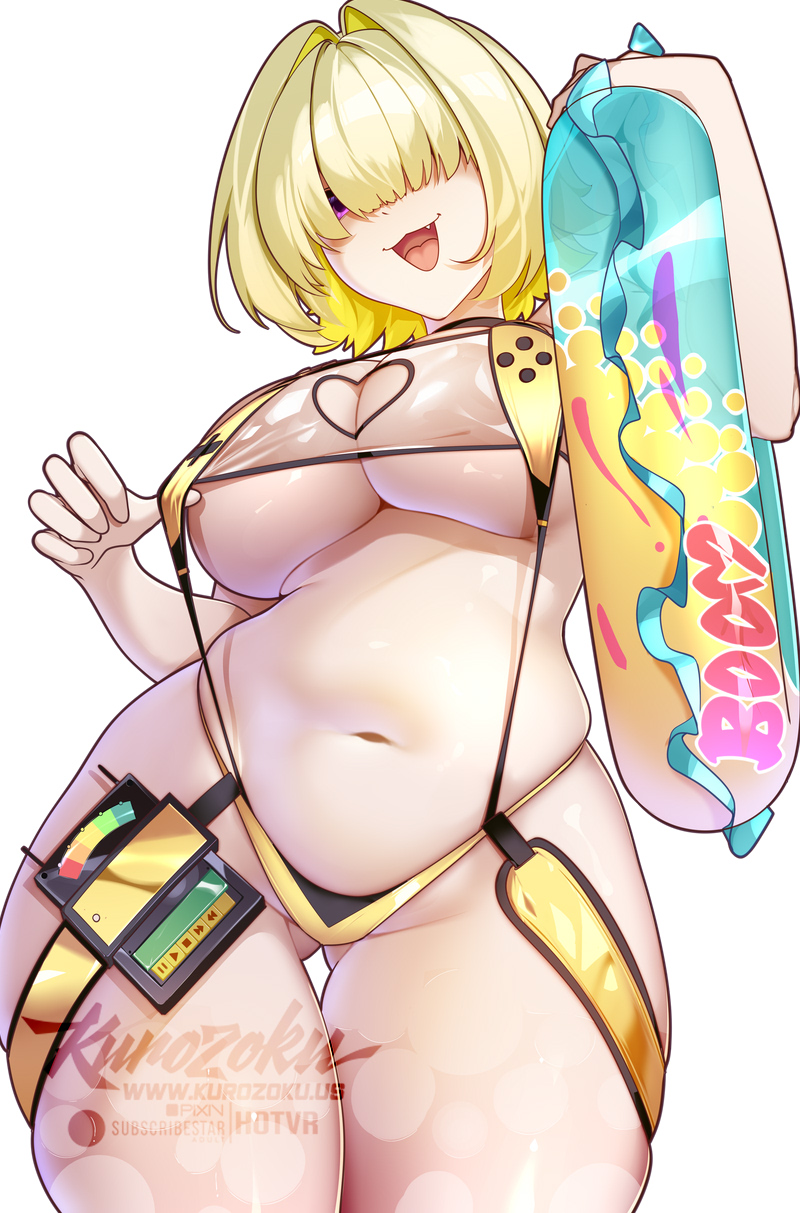 hot vr, elegg (boom and shock) (nikke), elegg (nikke), goddess of victory: nikke, commentary, english commentary, highres, 1girl, :d, blonde hair, breasts, clothing cutout, colored inner hair, fang, hair over eyes, heart cutout, holding, holding swim ring, innertube, large breasts, multicolored hair, navel, official alternate costume, one-piece swimsuit, open mouth, purple eyes, short hair, simple background, smile, solo, subscribestar username, swim ring, swimsuit, thighs, two-tone hair, white background, yellow one-piece swimsuit