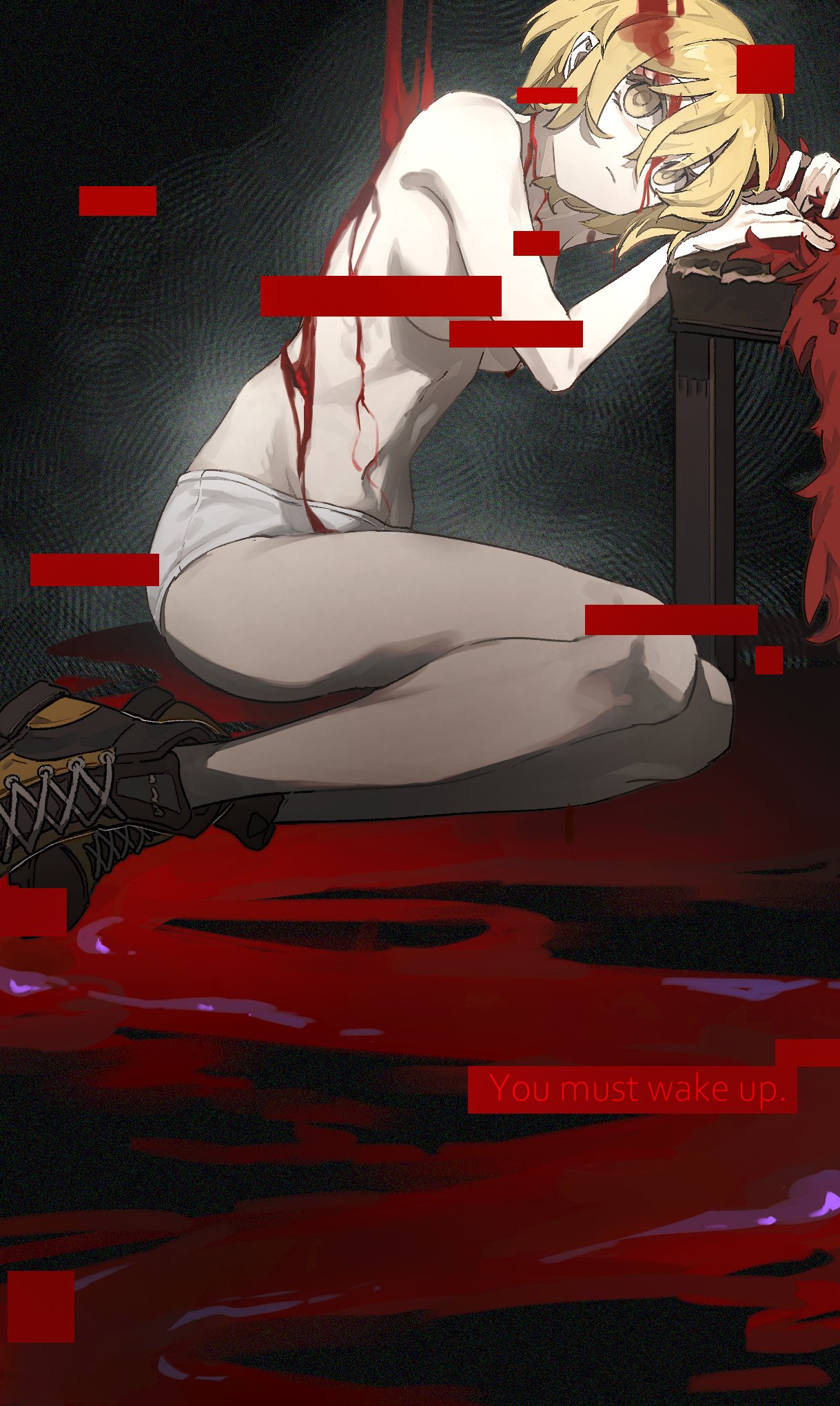 kiscript, don quixote (project moon), limbus company, project moon, highres, 1girl, against table, bar censor, blank stare, blonde hair, blood, blood drip, blood in hair, blood on body, blood on face, boots, breasts, censored, convenient censoring, crown of thorns, distortion, double-parted bangs, english text, feather boa, full body, hair between eyes, holding, holding unworn clothes, holding unworn scarf, legs together, light frown, looking at viewer, no pants, no shirt, on floor, panties, pool of blood, scarf, short hair, sitting, skinny, solo, stomach, table, underwear, unworn scarf, white panties, yellow eyes