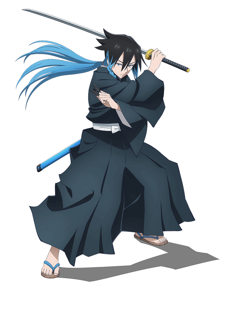 yokota masafumi, bucchigire!, official art, 1boy, anime coloring, black hair, blue hair, blue kimono, blue pants, braid, crossed arms, fighting stance, full body, hakama, hakama pants, holding, holding sword, holding weapon, japanese clothes, katana, kimono, kunai, looking at viewer, multicolored hair, pants, sakuya (bucchigire!), sandals, scabbard, sheath, side braid, simple background, solo, standing, sword, transparent background, two-tone hair, v-shaped eyebrows, weapon, wide sleeves, zouri
