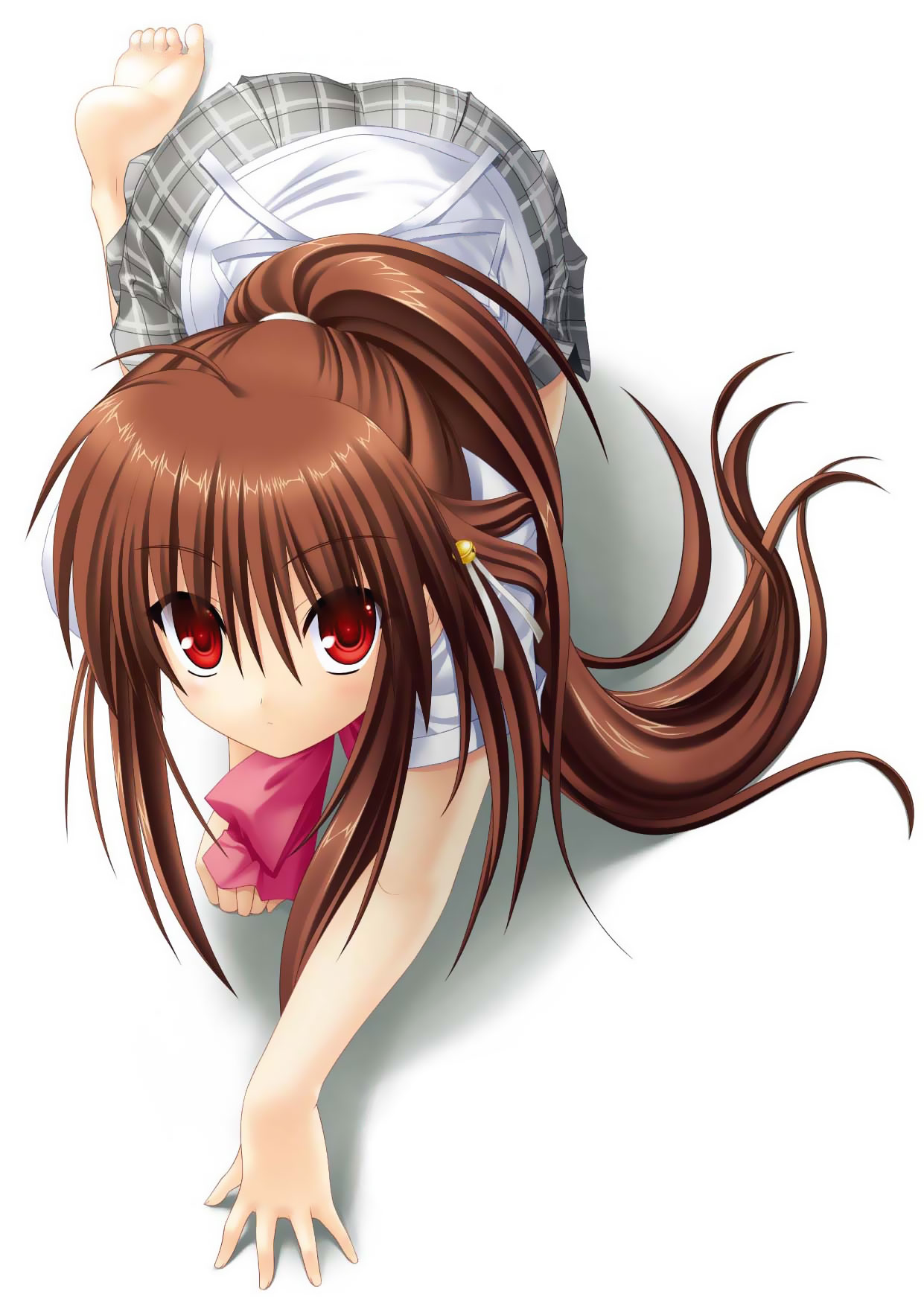 na-ga, natsume rin, little busters!, highres, 1girl, all fours, ass, barefoot, bow, feet, female focus, paw pose, pink bow, ponytail, red eyes, skirt, solo
