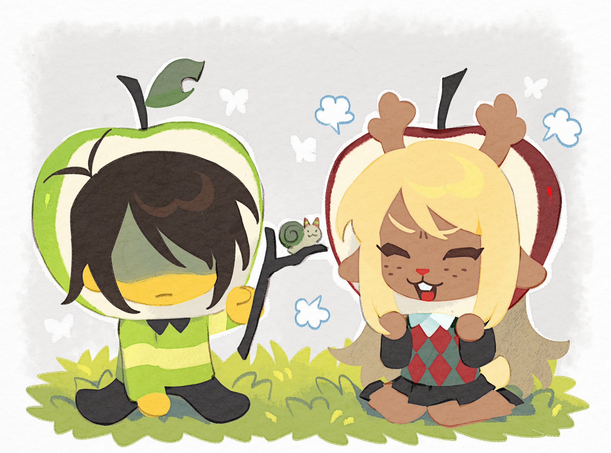 umikuri, kris (deltarune), noelle holiday, deltarune, utdr (toby fox), commentary, hashtag-only commentary, highres, 1girl, 1other, apple costume, black skirt, blonde hair, brown hair, bug, butterfly, checkered clothes, checkered vest, chibi, chibi only, green shirt, holding, holding stick, insect, long hair, on grass, partially shaded face, shirt, short hair, single horizontal stripe, sitting, skirt, snail, stick, striped clothes, striped shirt, vest