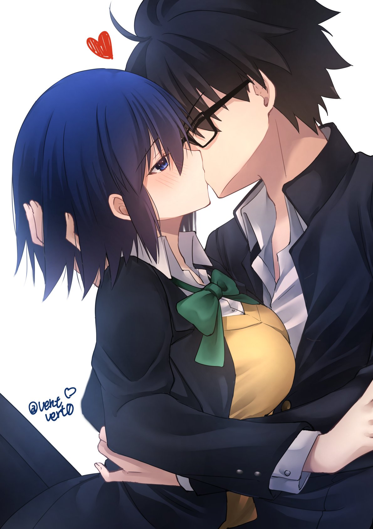vent vert (kuuya), ciel (tsukihime), tohno shiki, tsukihime, highres, 1girl, blue eyes, blue hair, blush, breasts, closed eyes, glasses, hand on another's head, hand on another's waist, heart, hetero, kiss, large breasts, twitter username