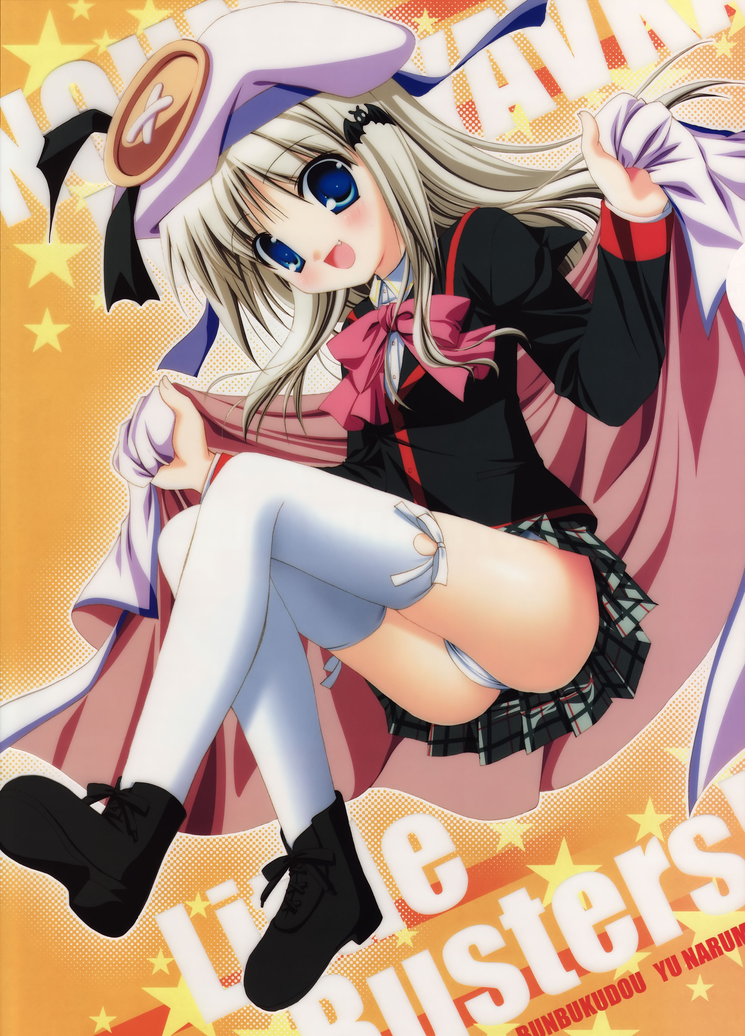 noumi kudryavka, little busters!, silver hair, absurdres, highres, 1girl, blue eyes, bow, buttons, cape, fang, female focus, hat, large buttons, panties, pantyshot, pink bow, school uniform, serafuku, solo, thighhighs, underwear