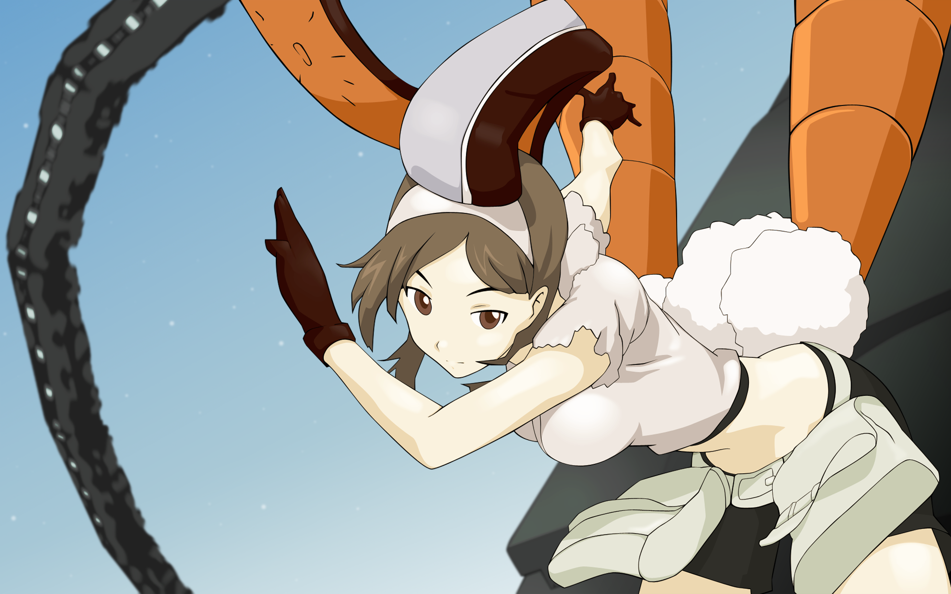 tsukishiro mina, densha otoko, getsumento heiki miina, highres, 00s, animal ears, brown eyes, brown hair, carrot, midriff, rabbit ears, solo