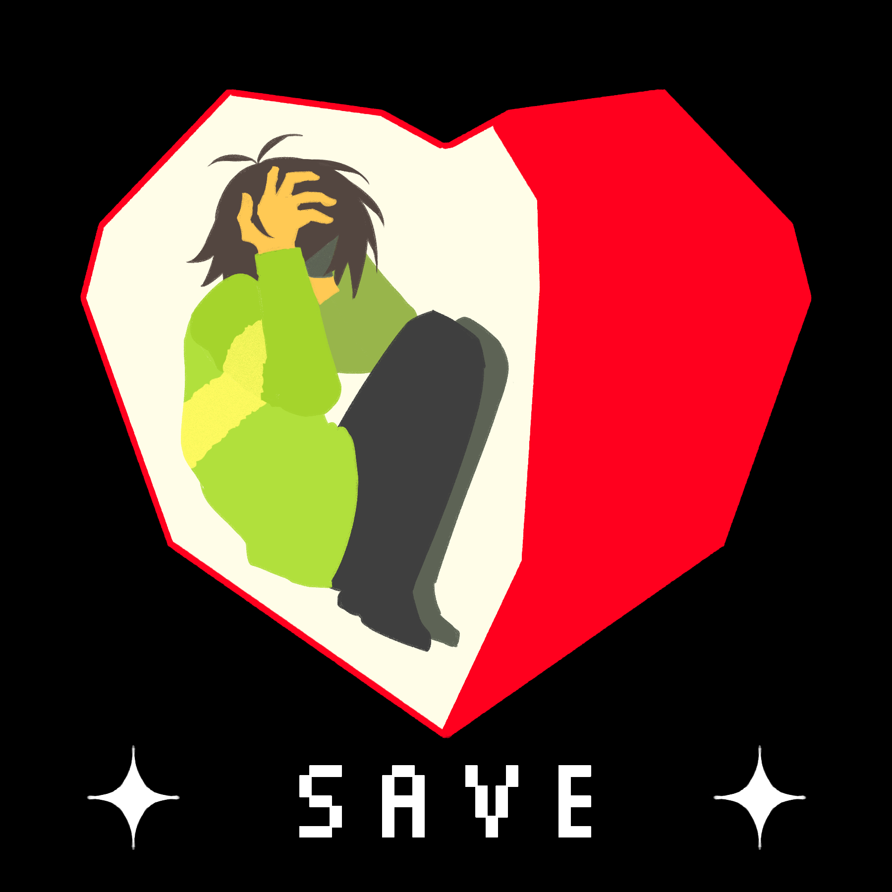 umikuri, kris (deltarune), soul (deltarune), deltarune, utdr (toby fox), commentary, hashtag-only commentary, highres, 1other, black pants, brown hair, english text, fetal position, green shirt, hands on own head, heart, long sleeves, other focus, pants, shirt, short hair, single horizontal stripe, solo, striped clothes, striped shirt
